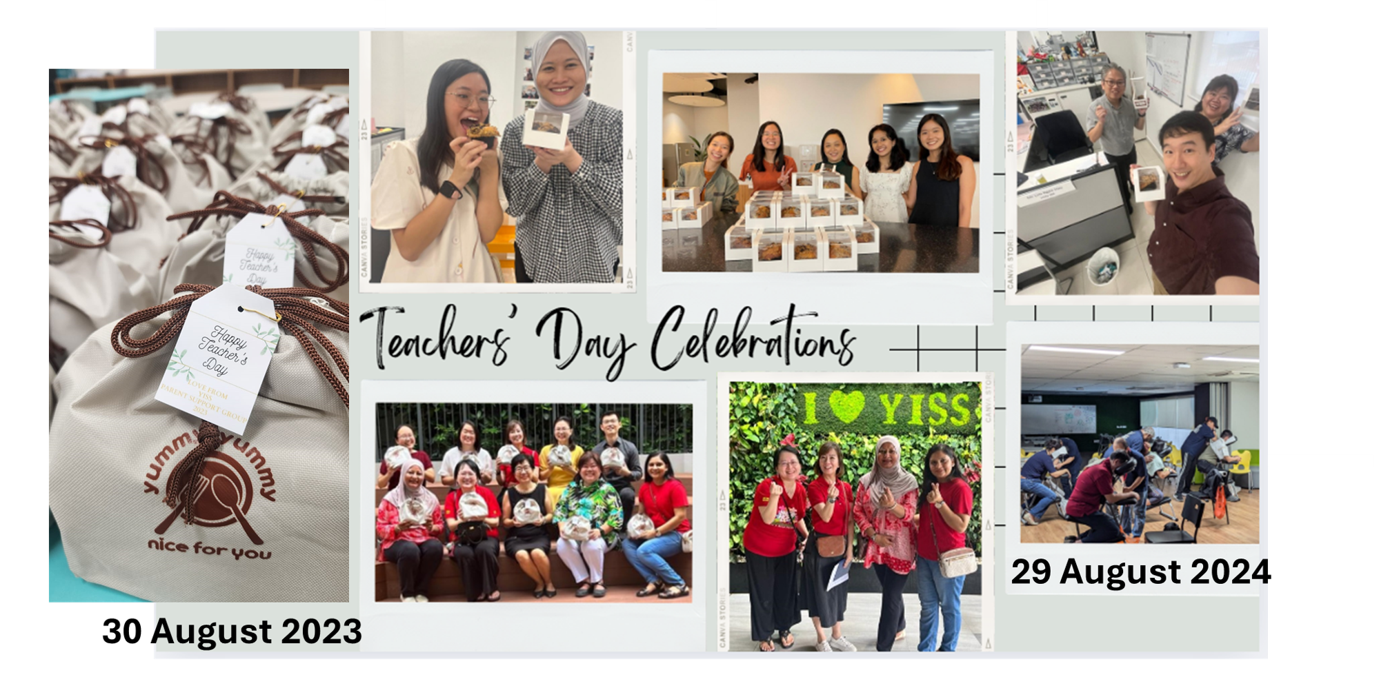Collage of Teachers' Day Celebrations on 30 August 2023 and 29 August 2024 with group photos and gifts.