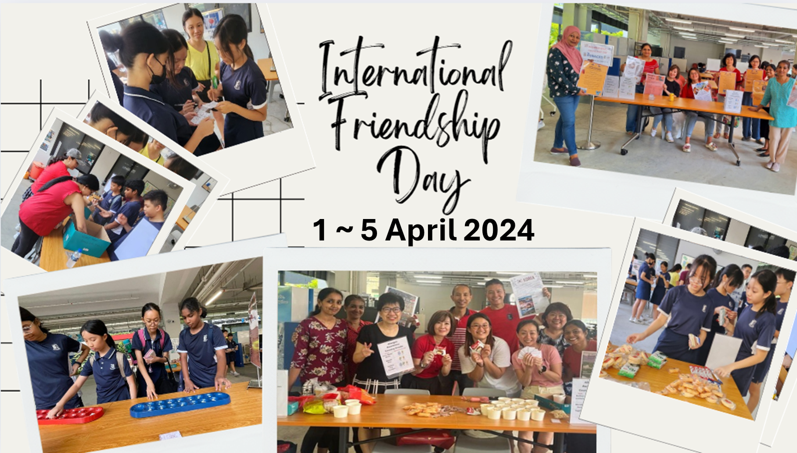 Collage of people at International Friendship Day event, 1 to 5 April 2024, with group photos and activities.