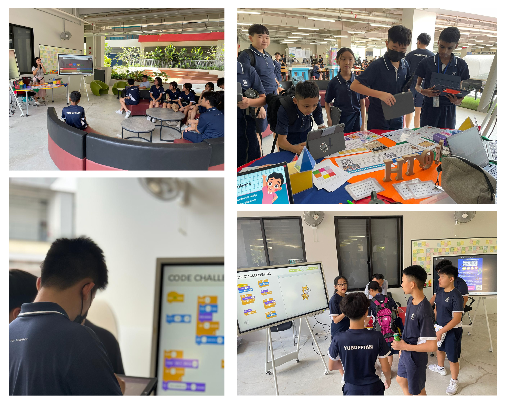 Collage of students in navy uniforms presenting and viewing coding projects on screens and a display table.