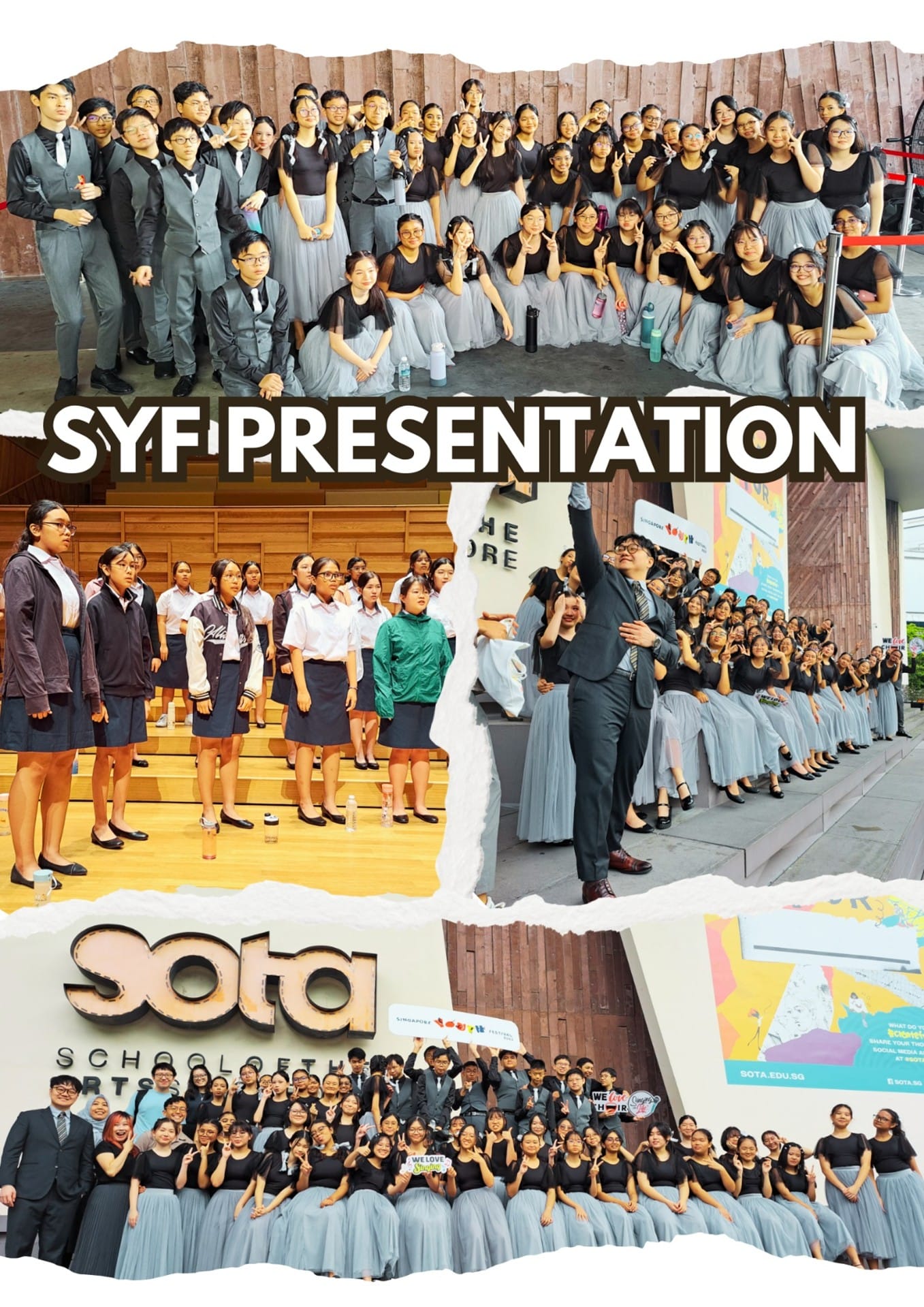 Choir students in black tops and gray skirts pose and perform at the SYF Presentation event at SOTA.