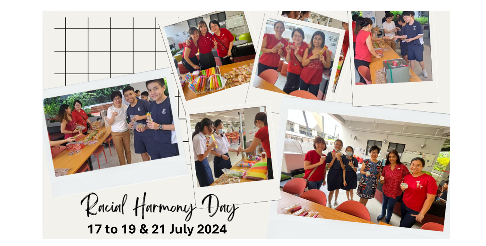 Collage of people smiling and sharing snacks at Racial Harmony Day events held 17 to 19 and 21 July 2024.