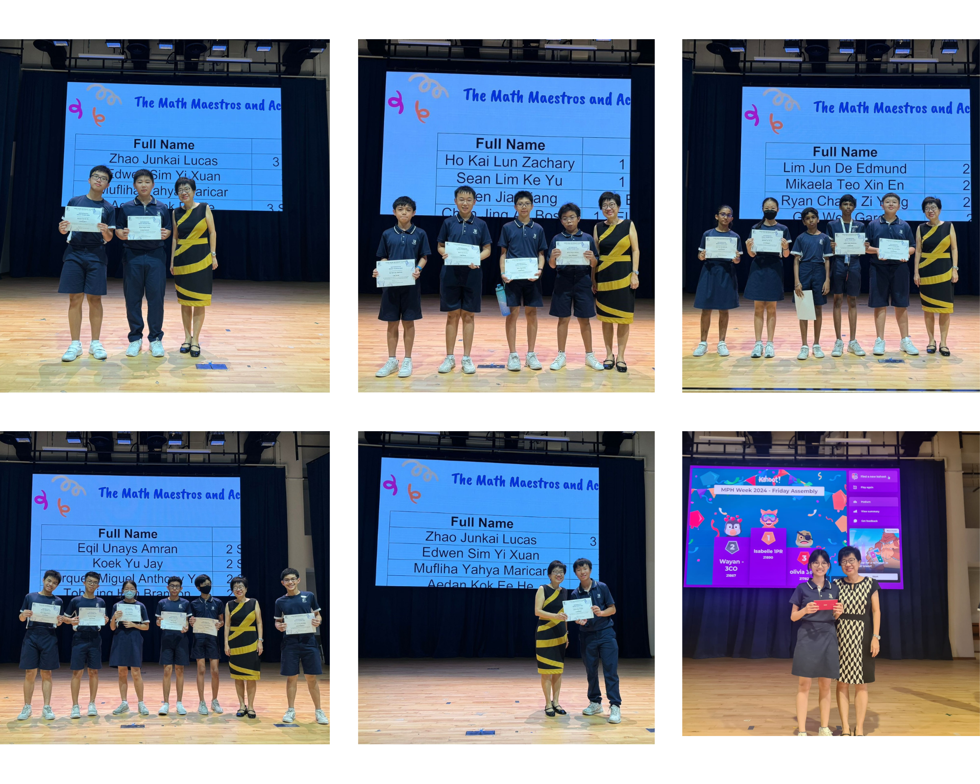 Students hold certificates on a stage at The Math Maestros school award ceremony, shown in six photos.