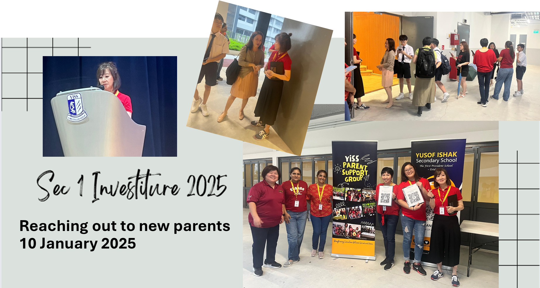 Collage from Yusof Ishak Secondary School Sec 1 Investiture 2025 on 10 January, showing staff and parents.