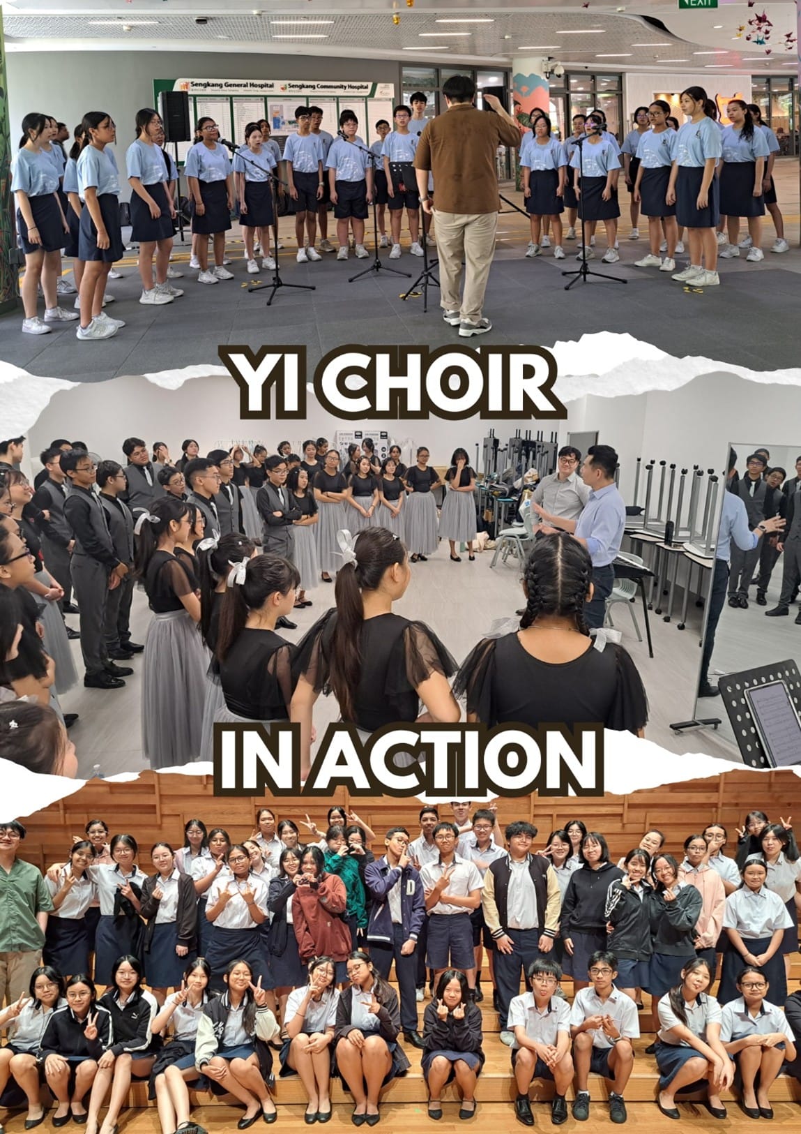 Three photos of YI Choir students performing, rehearsing, and posing as a group, with bold text reading YI CHOIR IN ACTION.