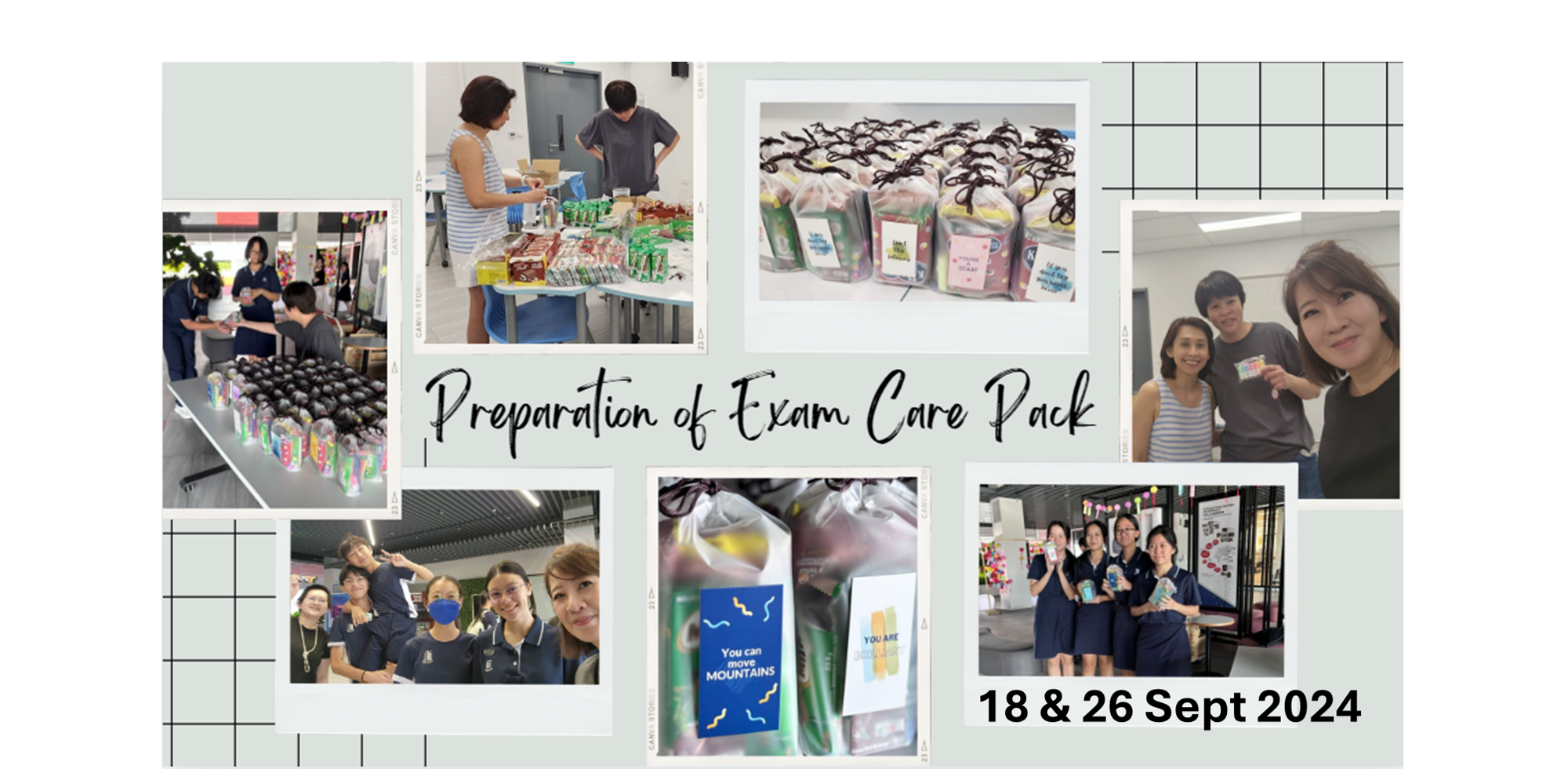 Collage of people assembling exam care packs with snacks and motivational cards, dated 18 and 26 Sept 2024.