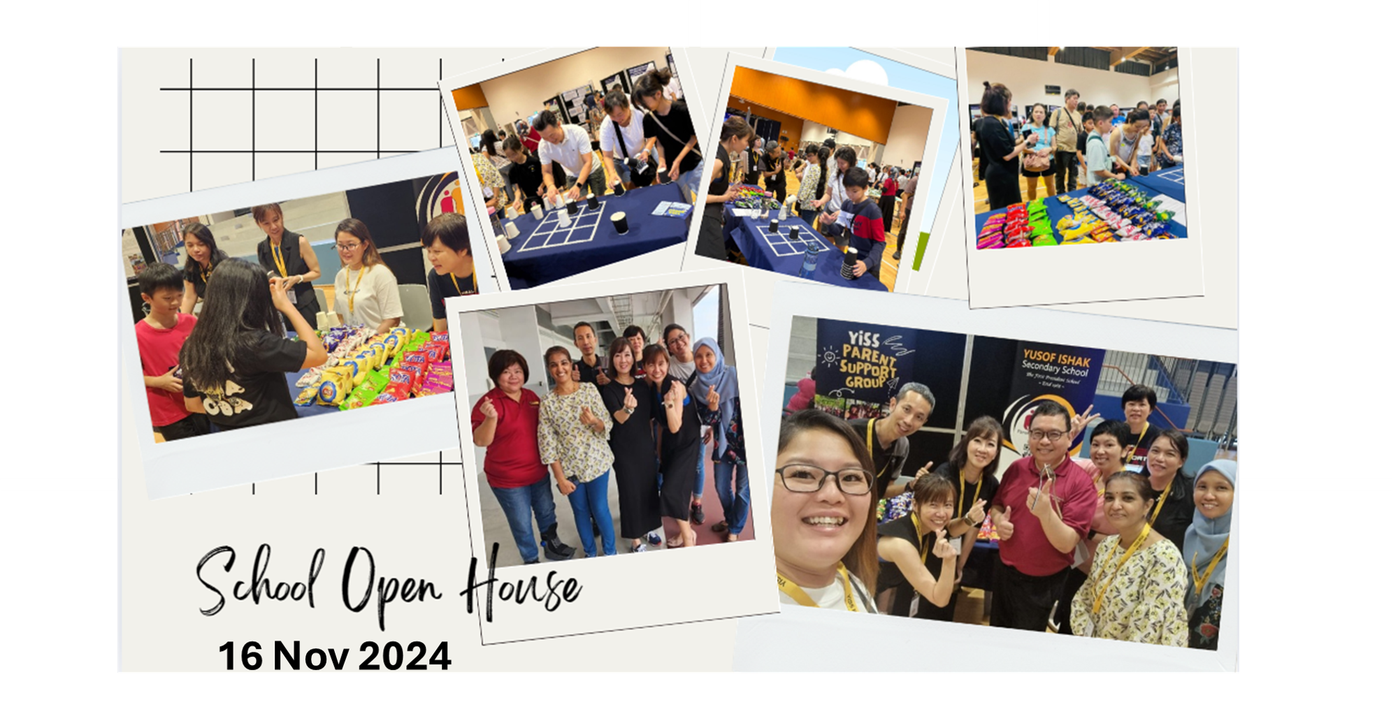 Collage of photos from Yusof Ishak Secondary School Open House on 16 Nov 2024 showing groups of people at booths.