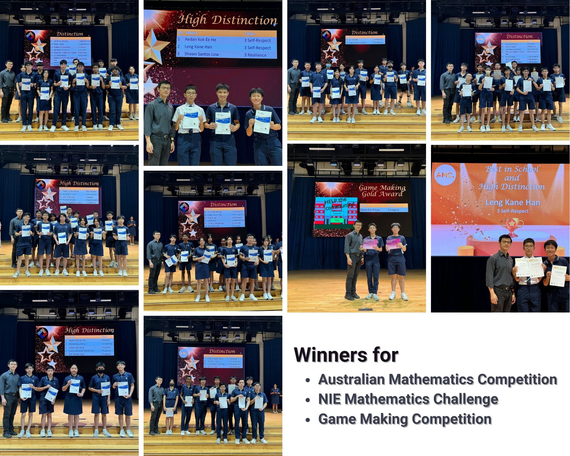 Students in school uniforms holding certificates on stage, celebrating wins in math and game making competitions.