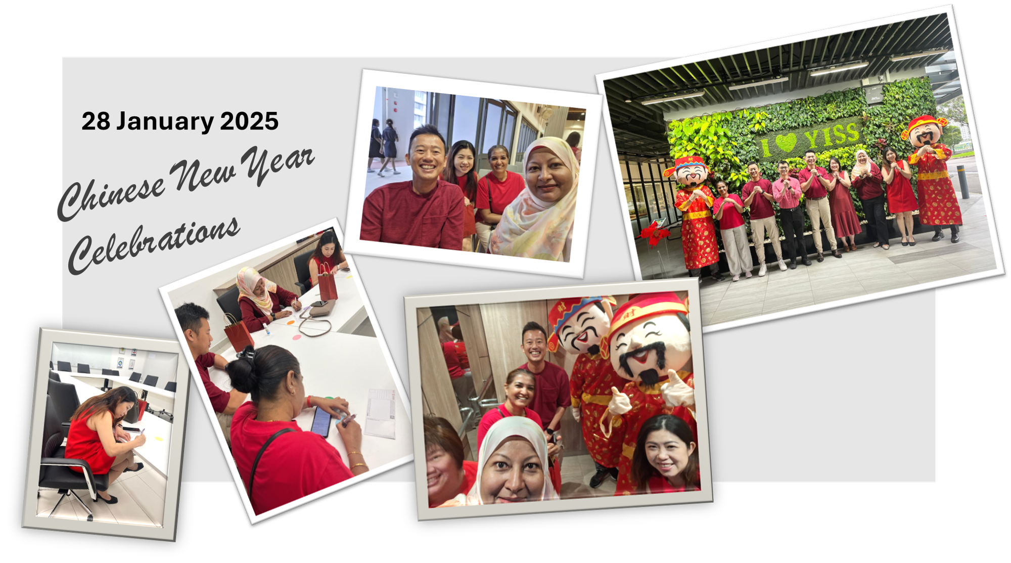 Collage of five photos from a Chinese New Year celebration on 28 January 2025 at YISS, featuring people in red outfits and festive mascots.