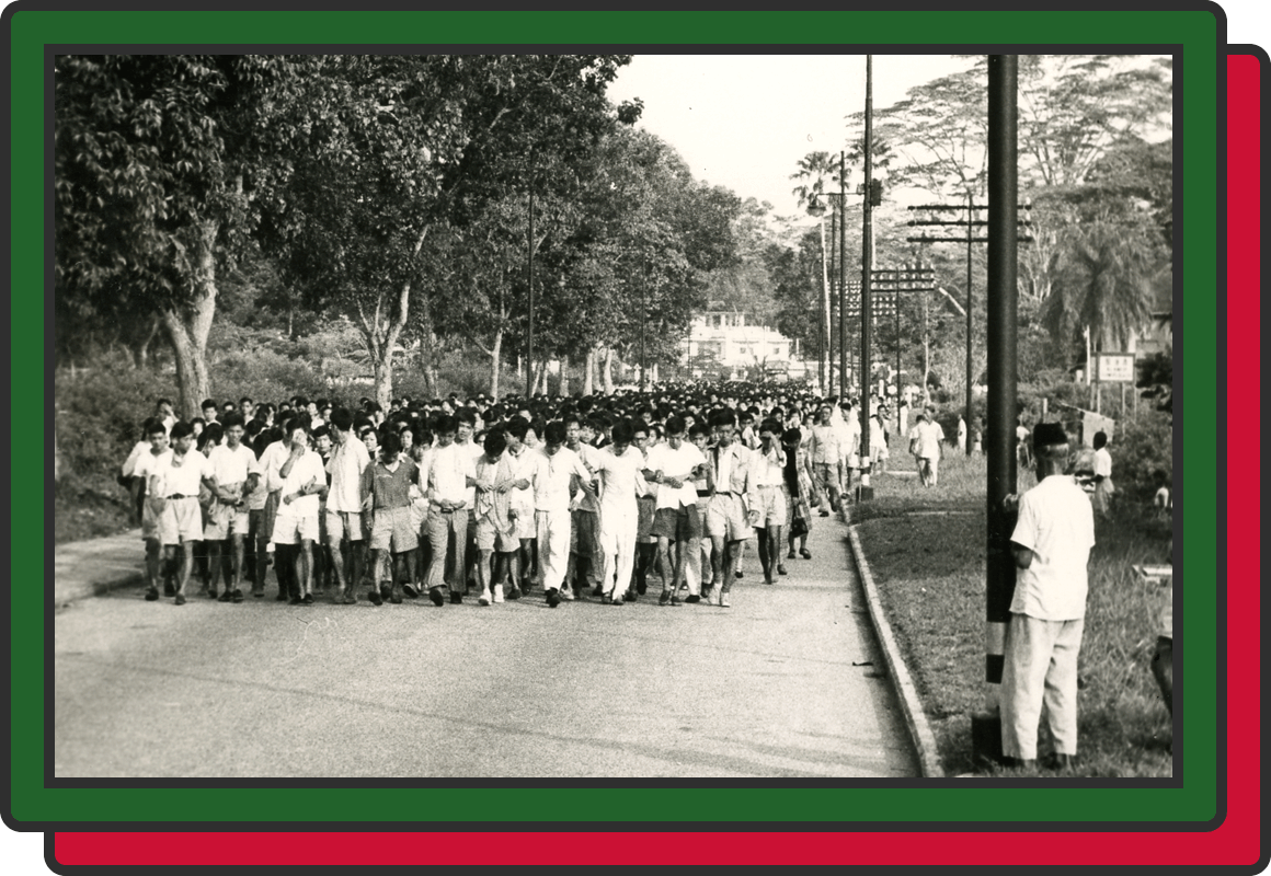 A large crowd of people marching down a tree-lined road in a vintage black and white photograph.