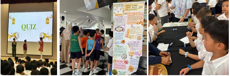 Three school scenes: a quiz presentation, students viewing a Hari Raya delicacies poster, and children seated at a table.