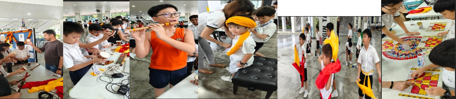 Six panels show children at a school event playing flute, handling crafts, wearing scarves, and assembling colorful board pieces.