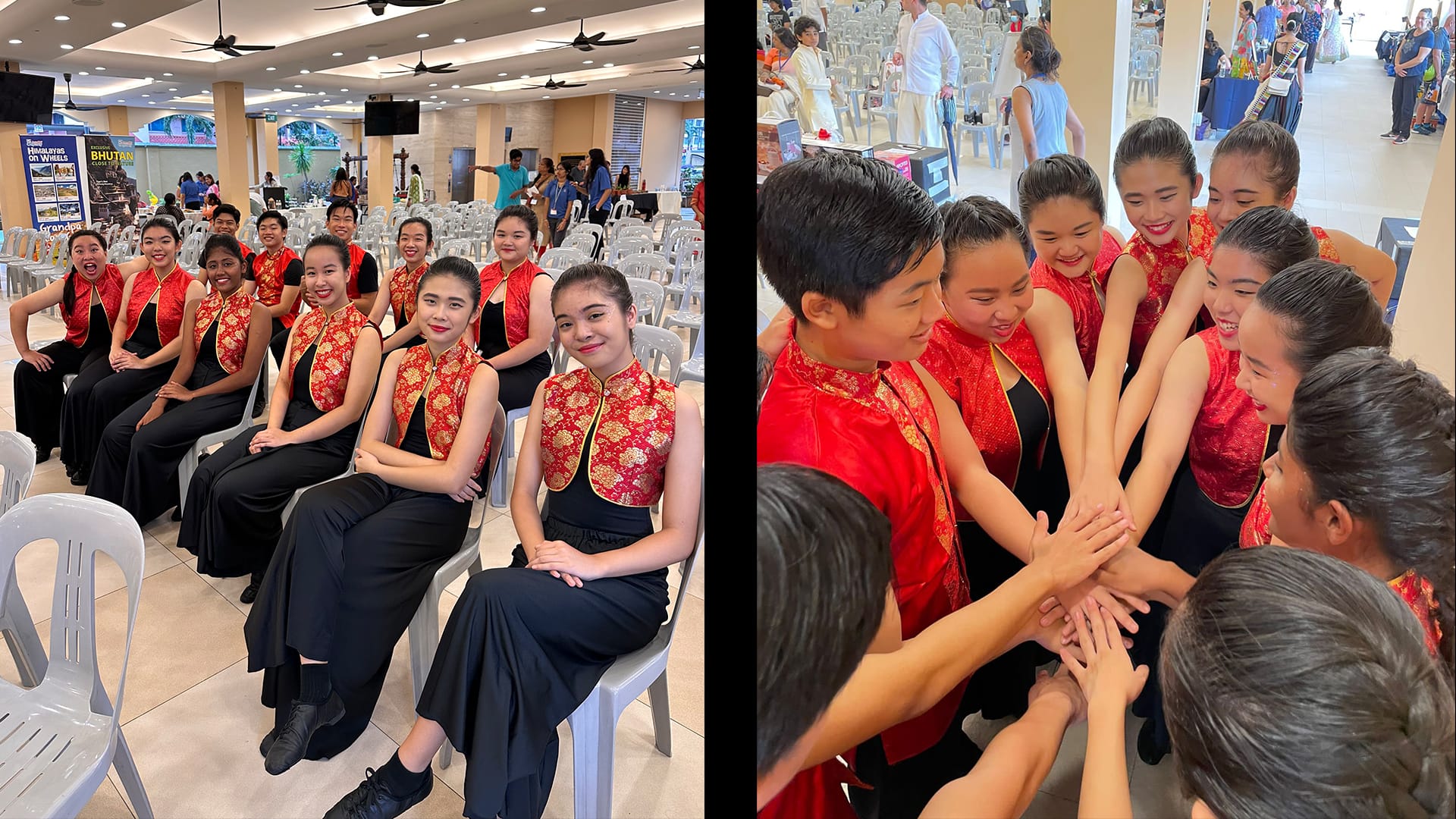 Young performers in red and black Chinese-style costumes sit together, then huddle with hands stacked in a team cheer.
