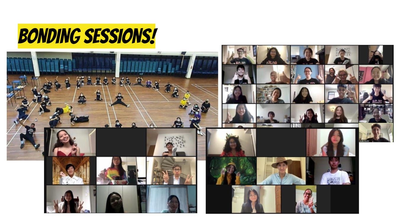 Group bonding sessions shown via an in-person hall gathering and multiple video call screenshots with smiling participants.