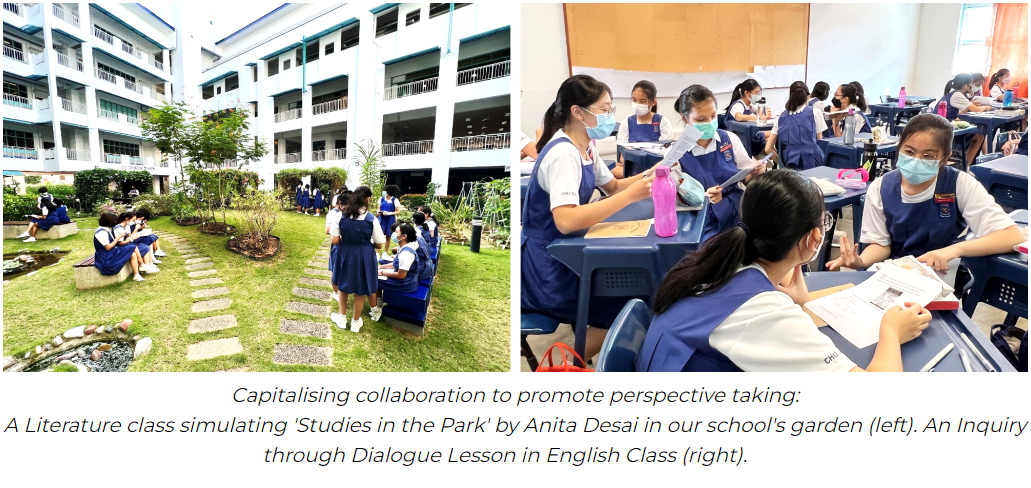 Students in blue uniforms learn outdoors in a school garden and indoors at desks during English class.