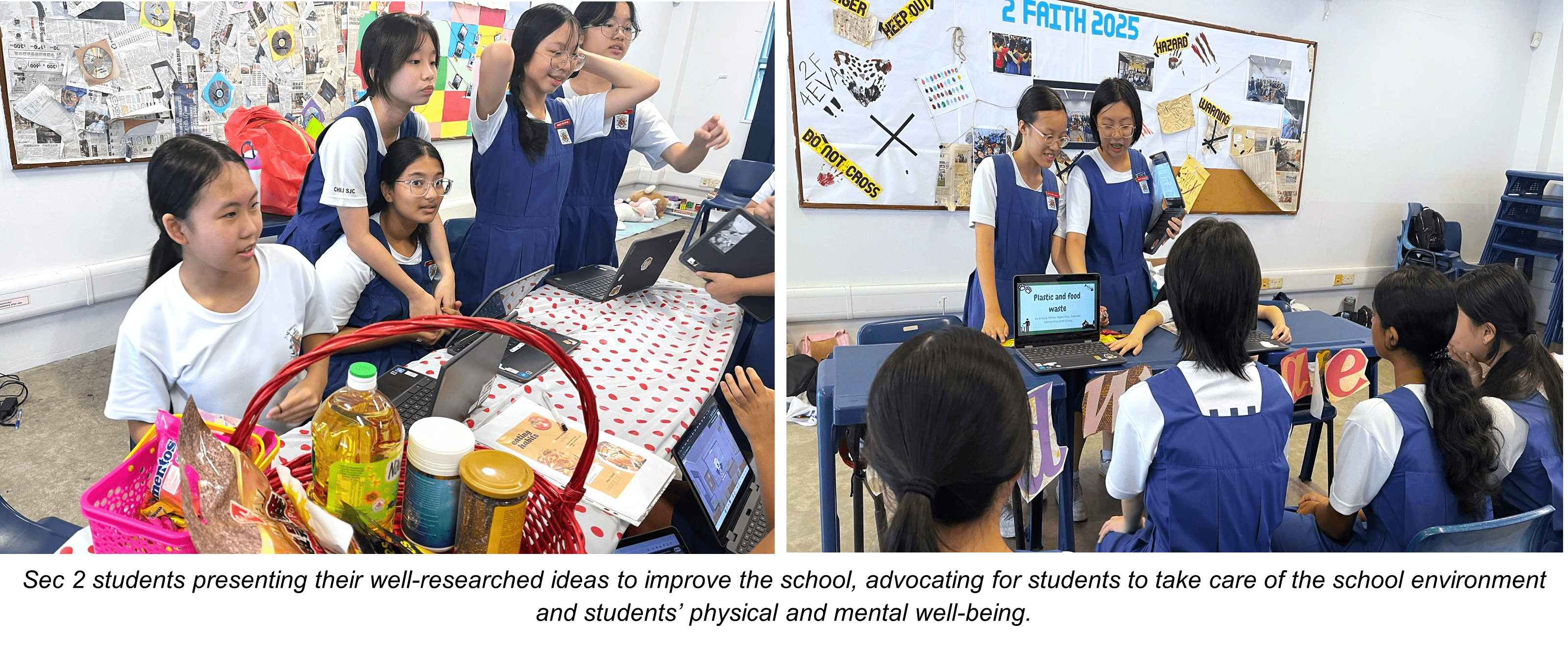 Students in blue uniforms present ideas using laptops, with food items and posters visible in a classroom.