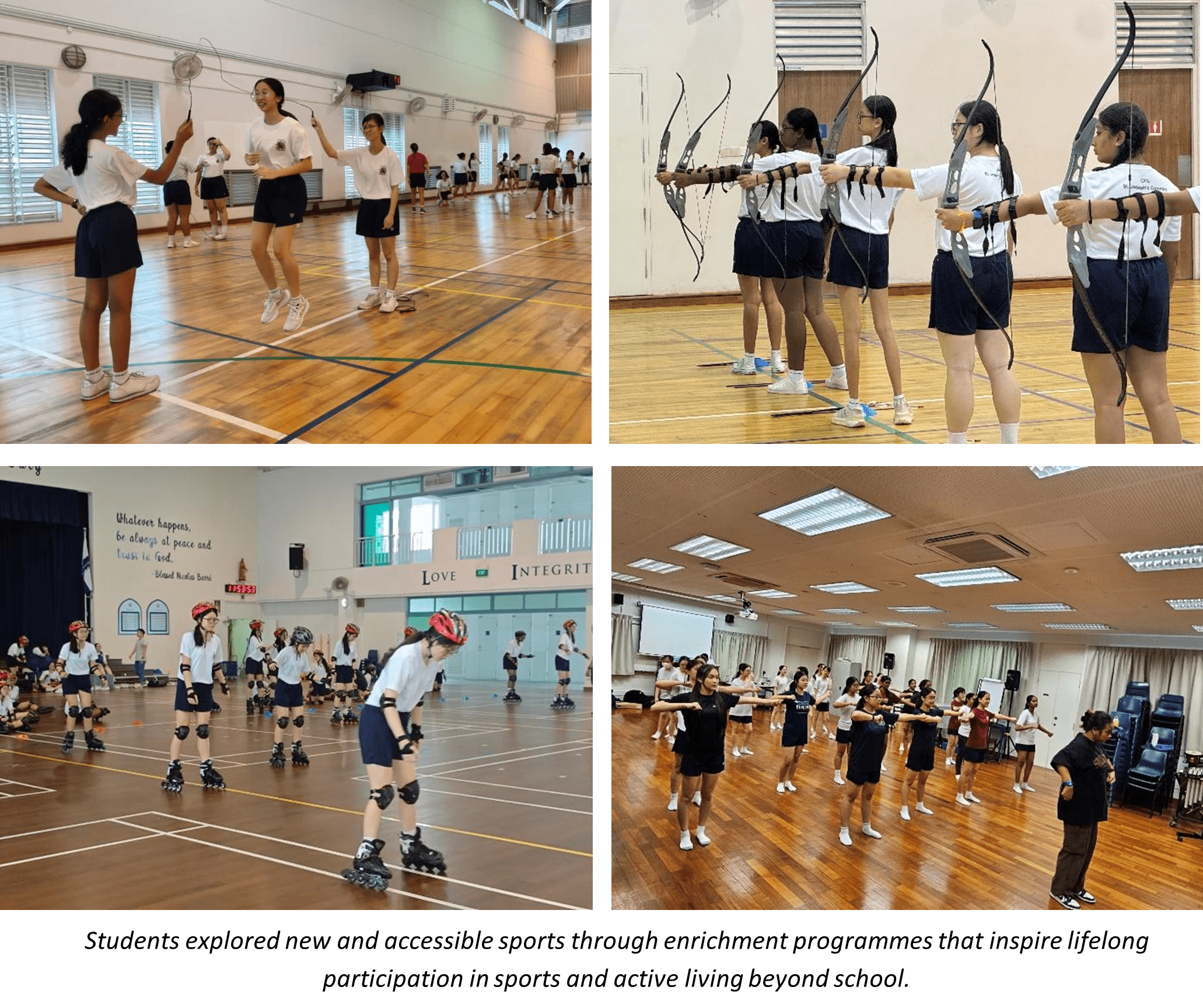 Four photos show students in uniforms doing jump rope, archery, inline skating with helmets, and a dance class indoors.