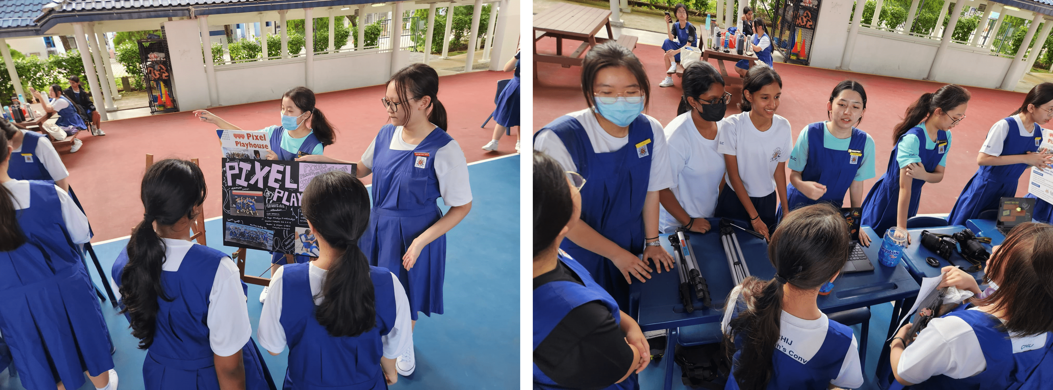 Students in blue uniforms gather outdoors; one presents a Pixel Playhouse poster while others view a laptop and camera setup.