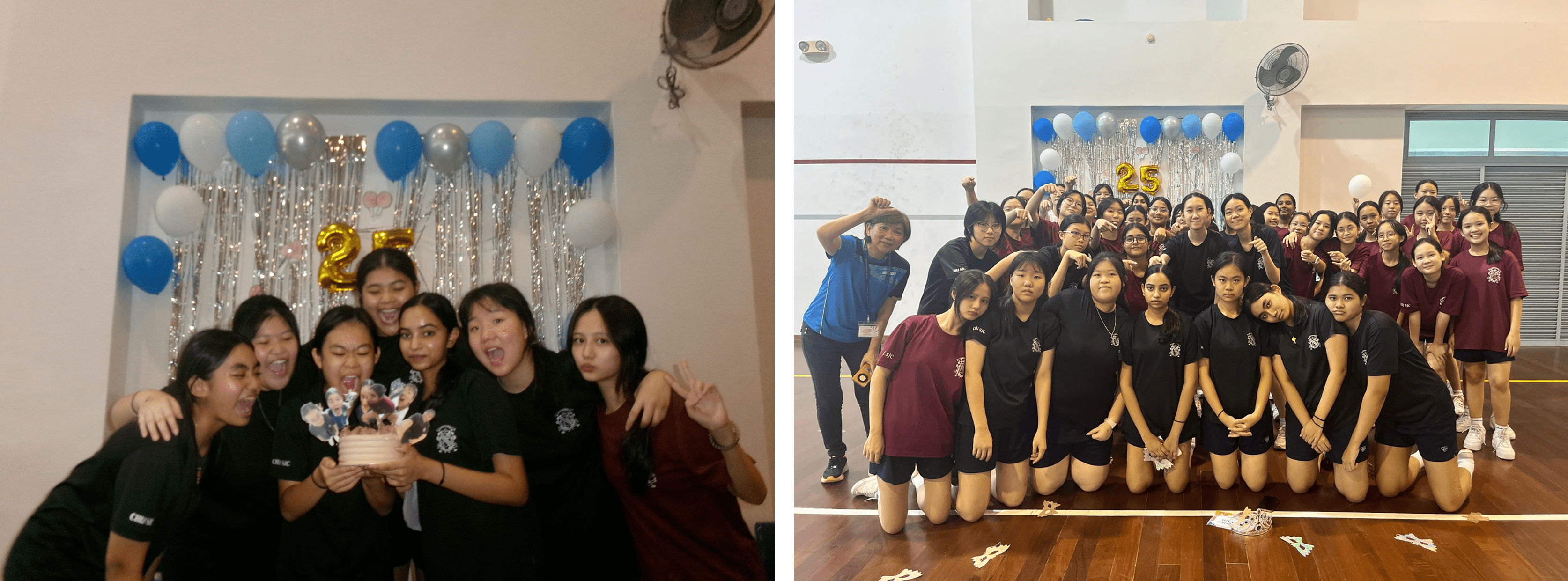 Two group photos of teenage girls at a celebration with blue and silver balloons and a gold number 25 decoration.
