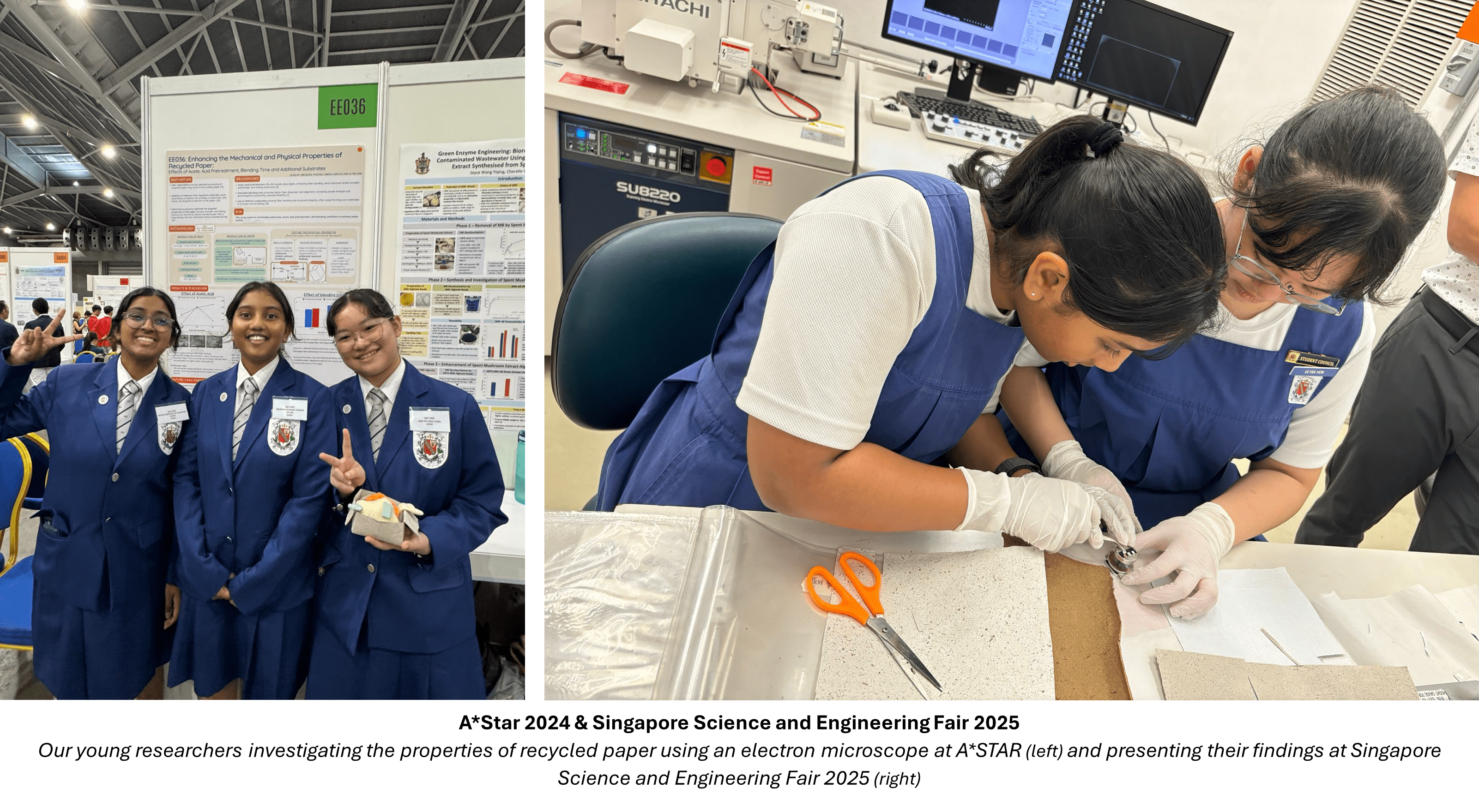 Three students in blue uniforms pose by a science fair poster; two others in gloves work with lab equipment nearby.