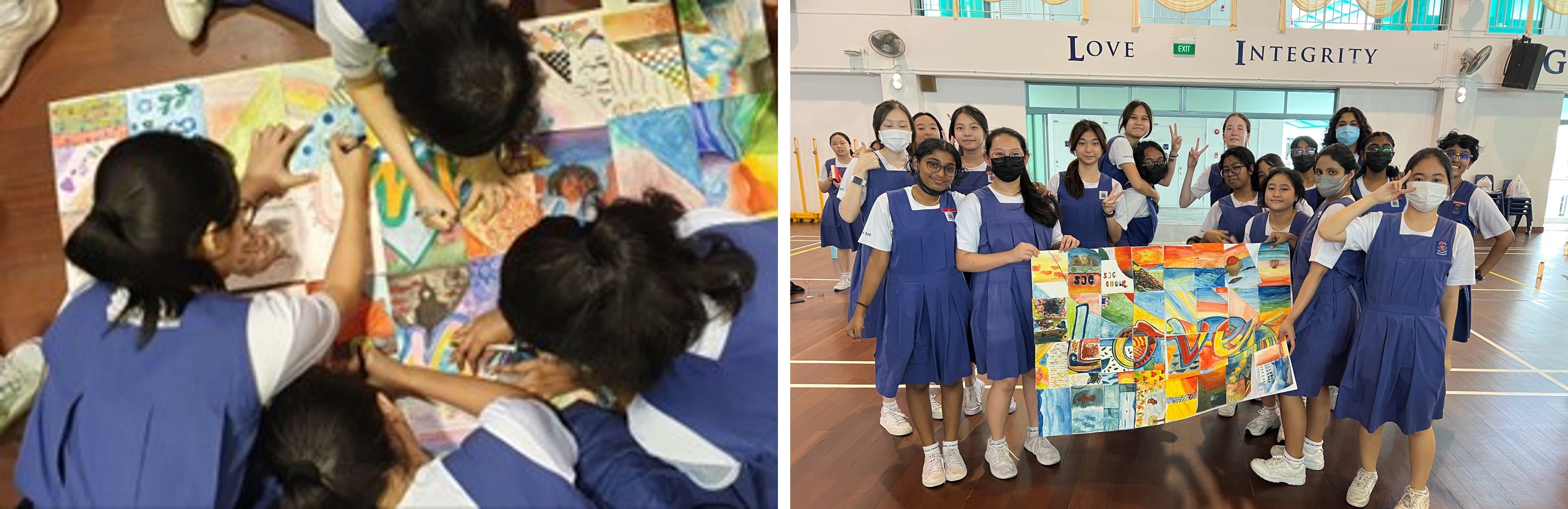 Students in blue uniforms collaborate on a colorful mural, then pose holding the finished artwork in a school hall.