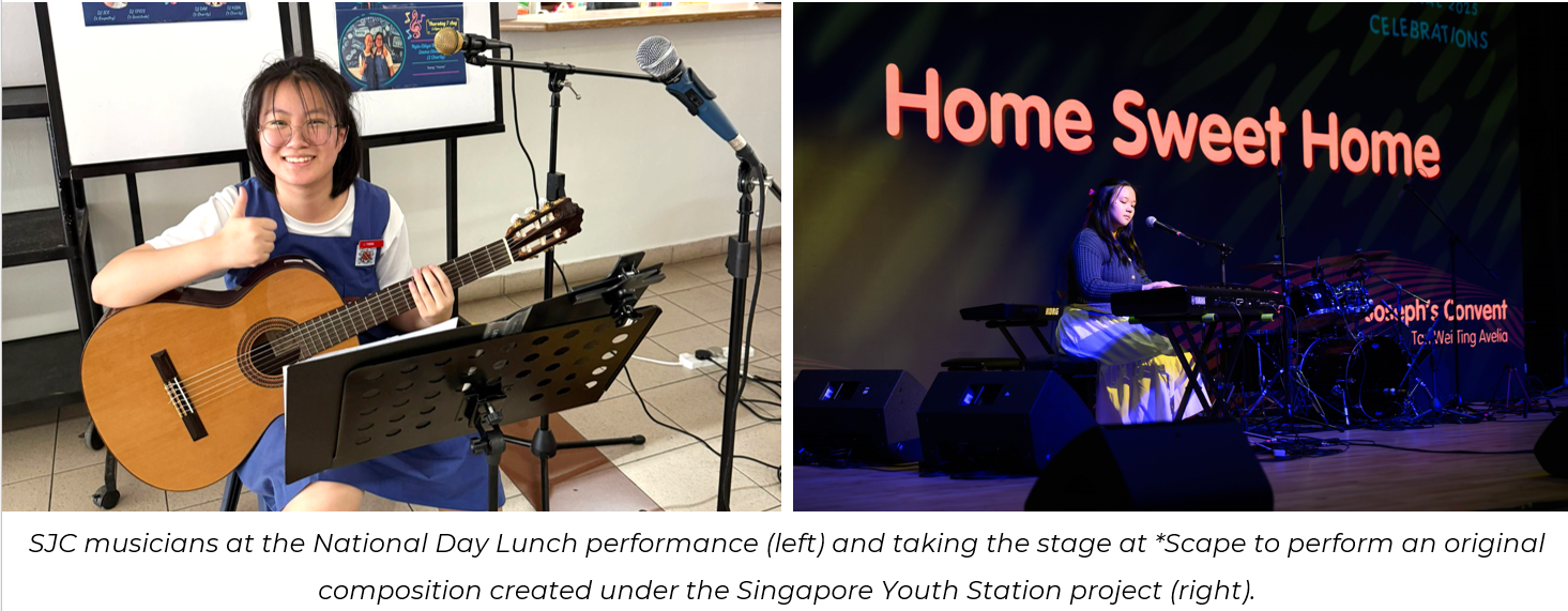 Two student musicians: one holding a guitar indoors, another performing on keyboard on a lit stage with "Home Sweet Home" sign.
