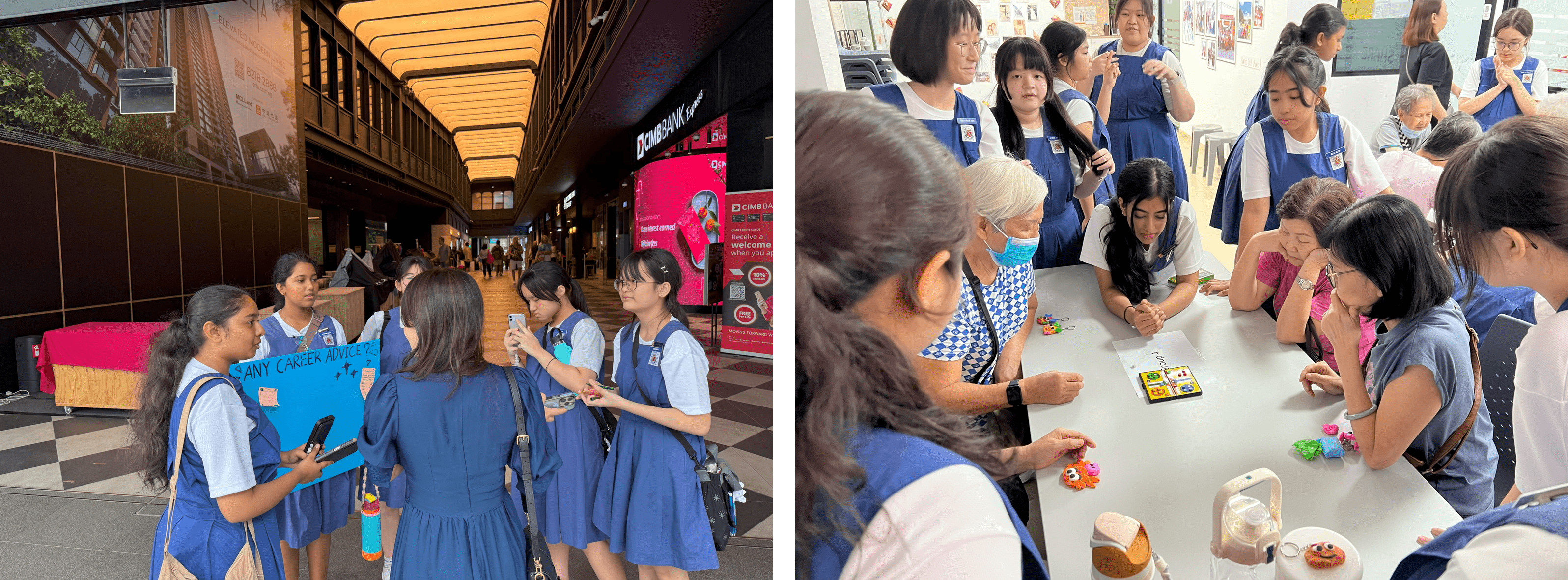 Students in blue uniforms hold a career advice sign in a mall, and gather with elderly people around a craft table.