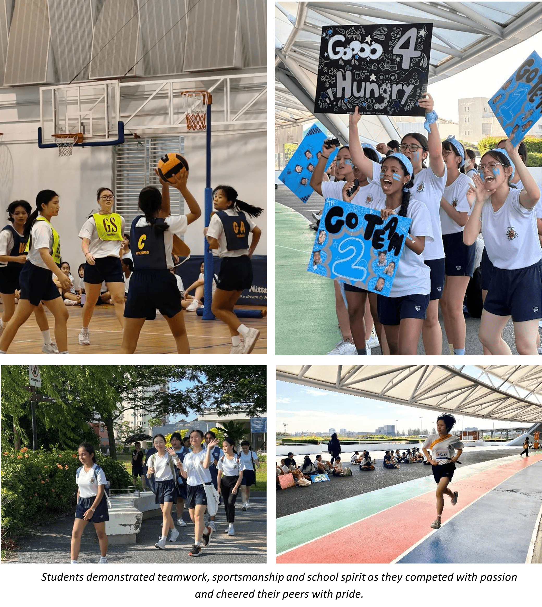 Four photos show students playing netball, cheering with signs, walking outdoors, and running on a track.
