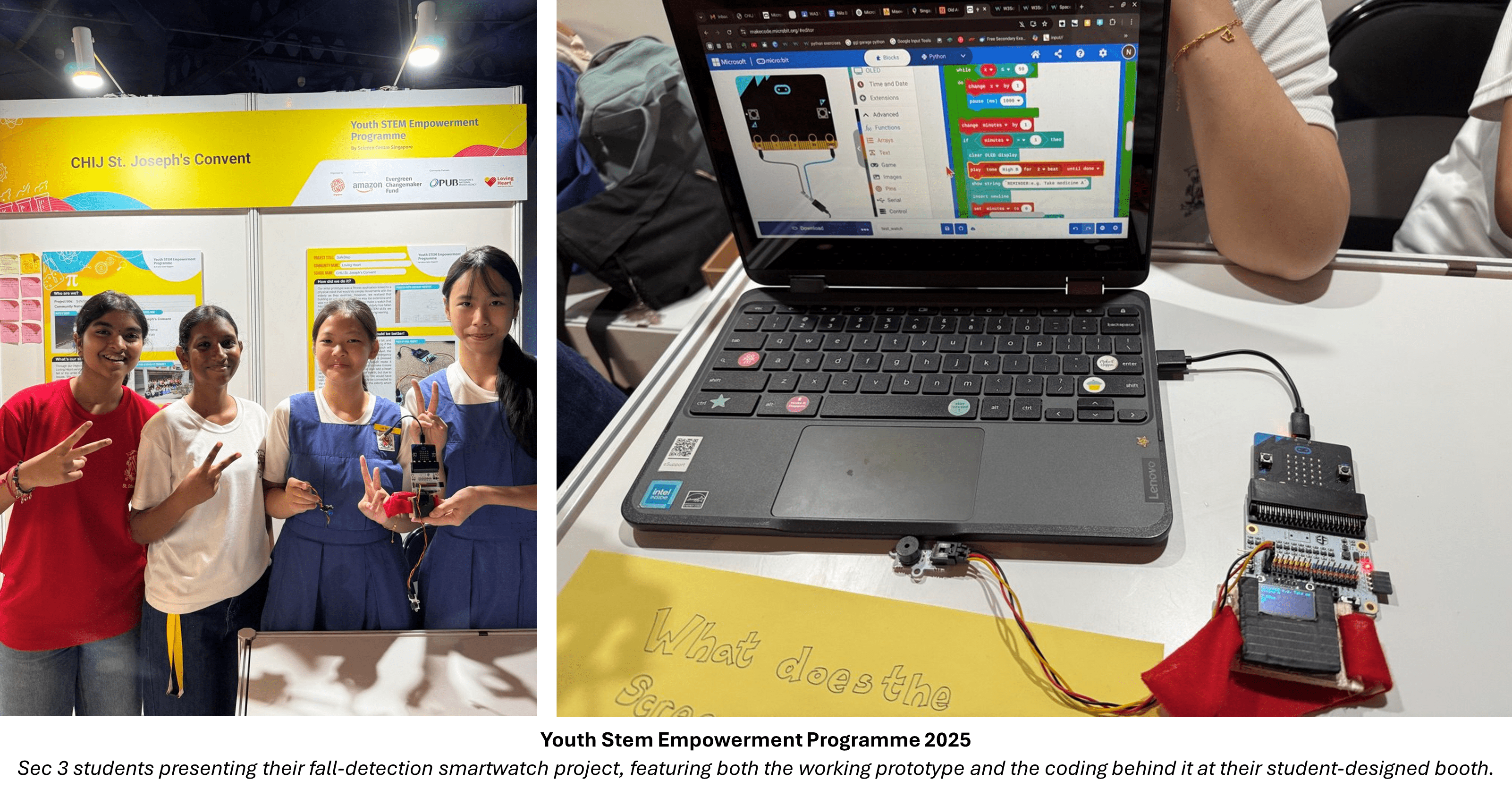 Four students pose at a STEM booth beside a laptop showing block coding and a micro:bit circuit prototype.