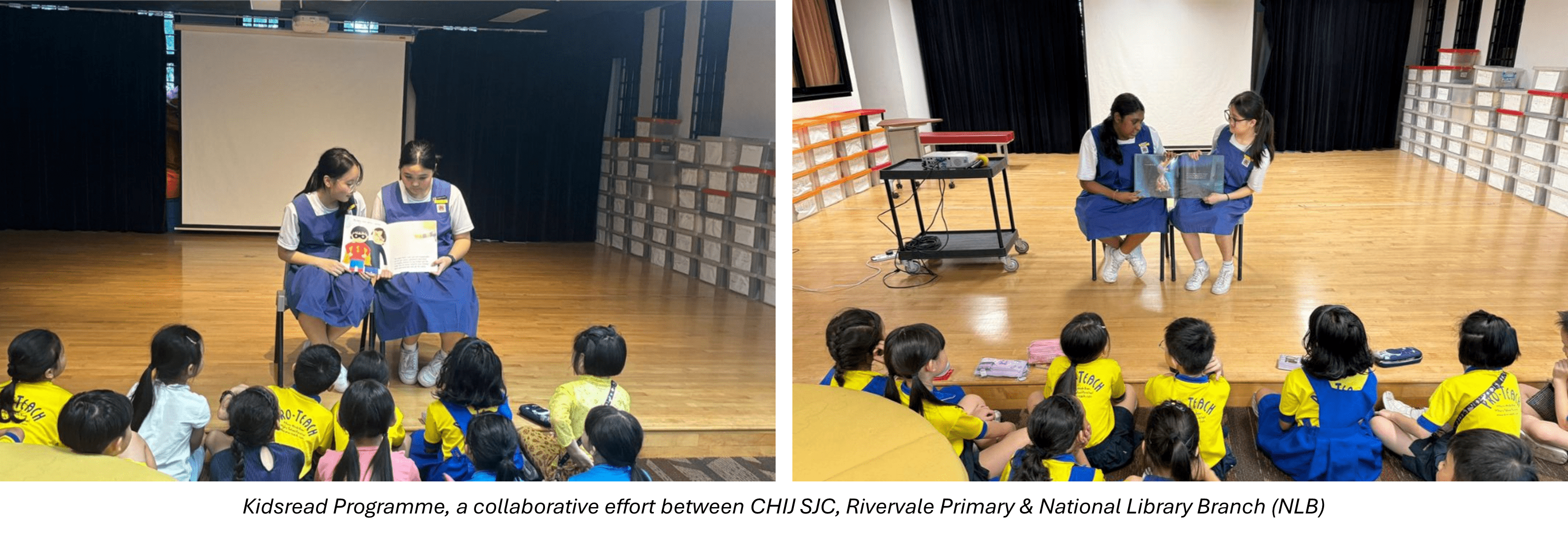 Two older students in blue uniforms read books to young children seated on a hall floor in two side-by-side photos.