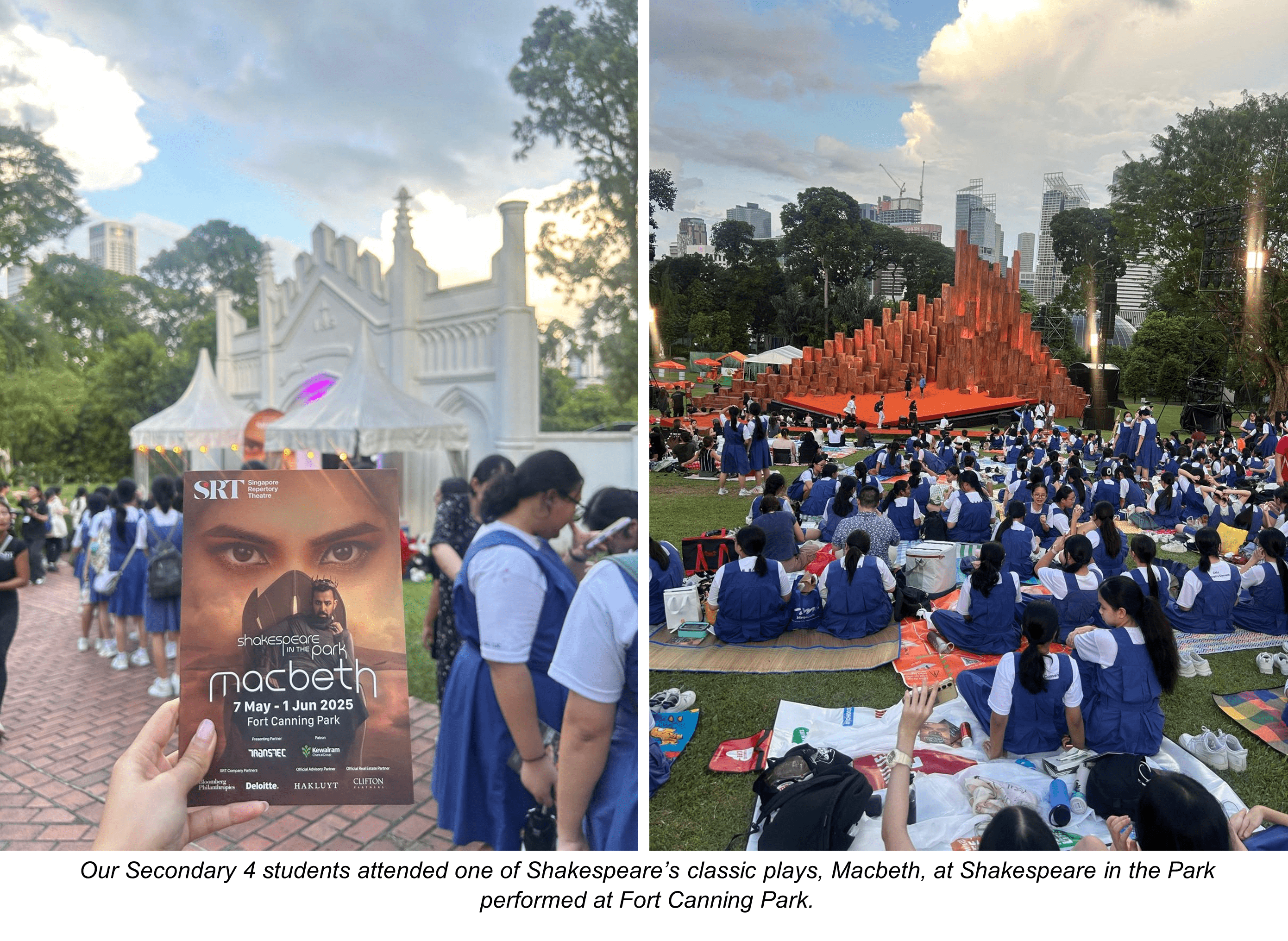 Students in blue uniforms sit on grass at Fort Canning Park watching a Macbeth outdoor stage production, with a program booklet held up nearby.