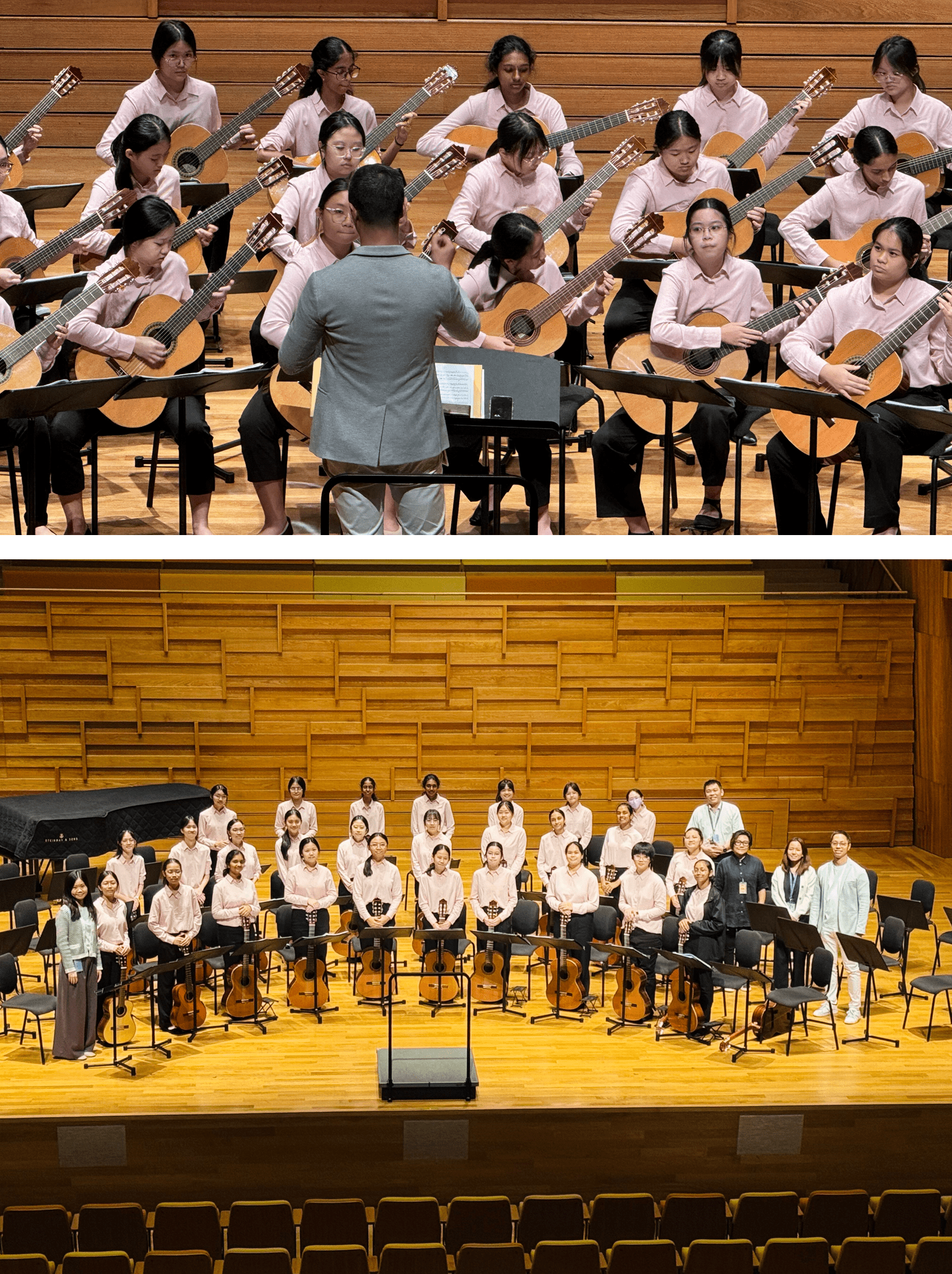 A conductor leads a large youth guitar ensemble in pink shirts on a concert hall stage, shown performing and posing.
