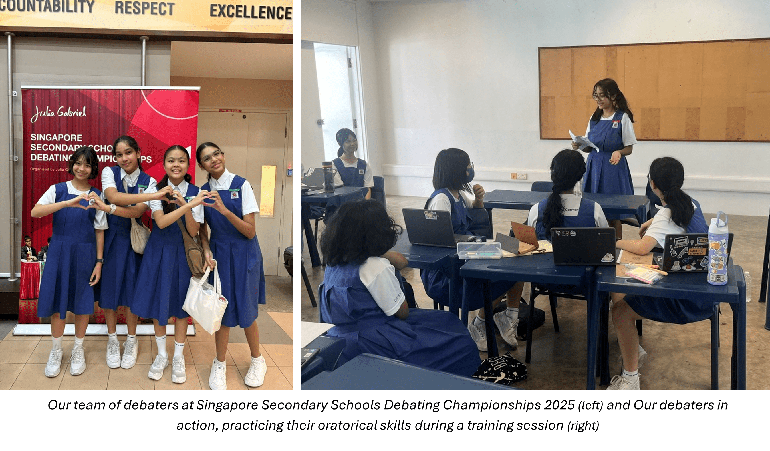 Four girls pose at a debating championship banner; right shows uniformed students in a classroom debate training session.