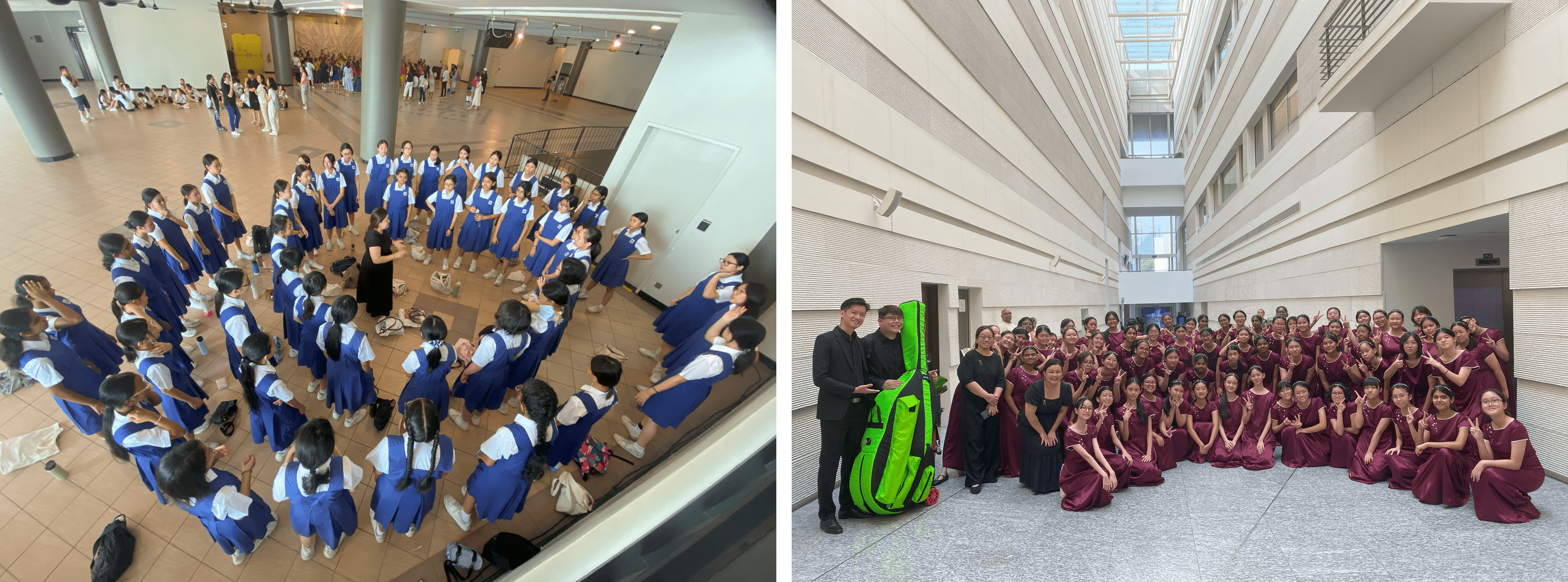 Two choir groups: one in blue dresses forming a circle indoors, another in maroon gowns posing in a modern atrium.