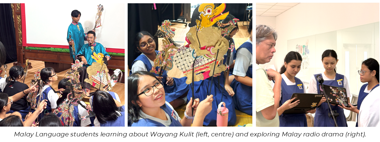 Students in blue uniforms handle colorful Wayang Kulit shadow puppets, while others read scripts at a microphone.