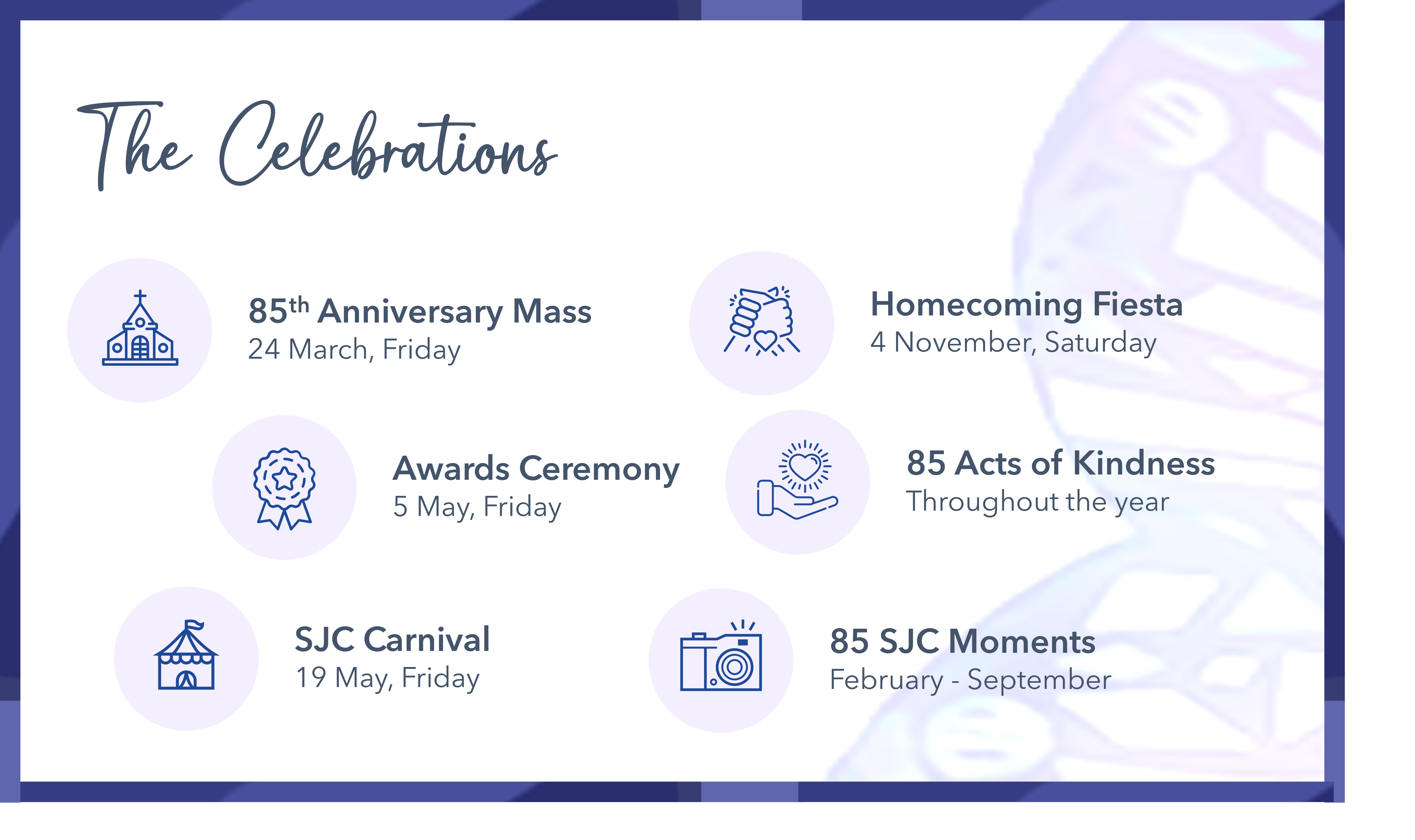 Flyer titled The Celebrations listing six SJC 85th anniversary events with dates and blue icons.
