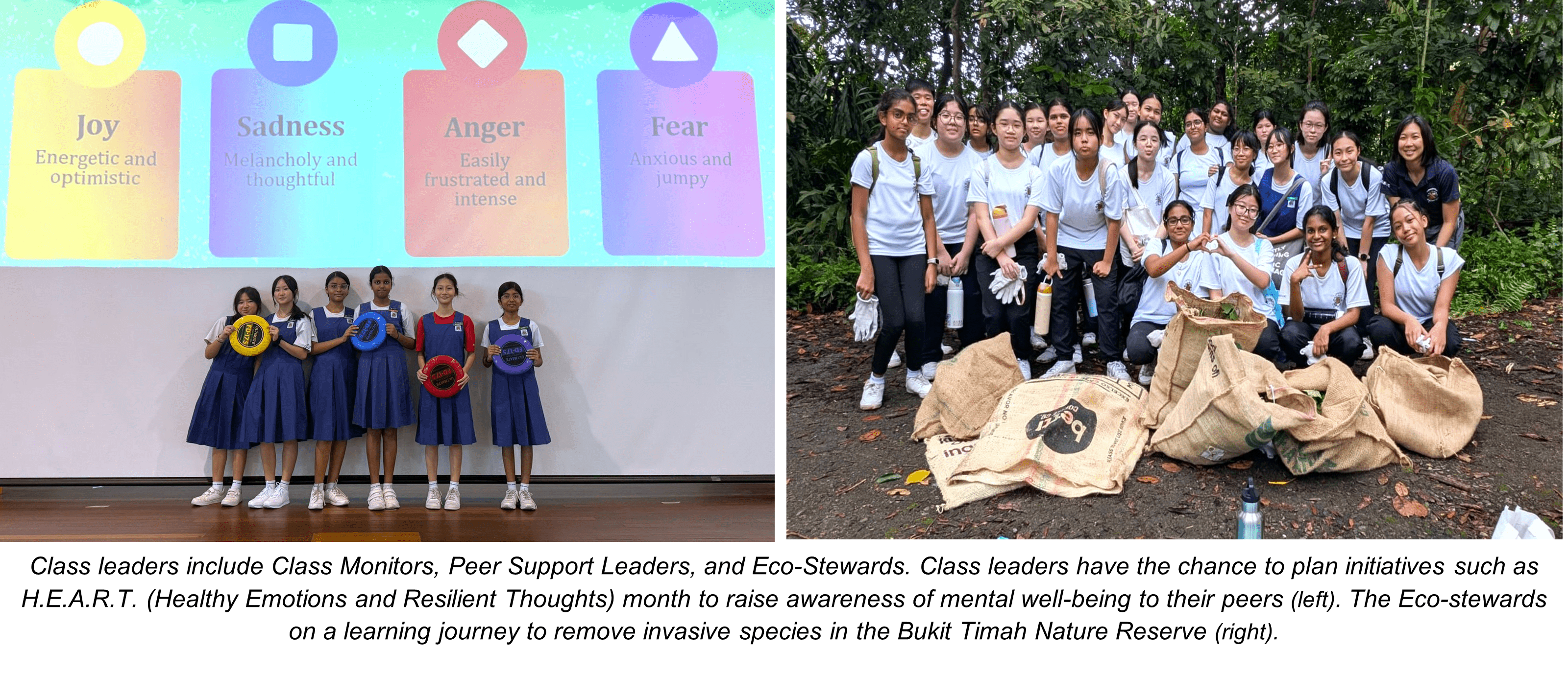 Students hold colored rings before an emotions slide; right shows a group posing with burlap sacks in a forest.