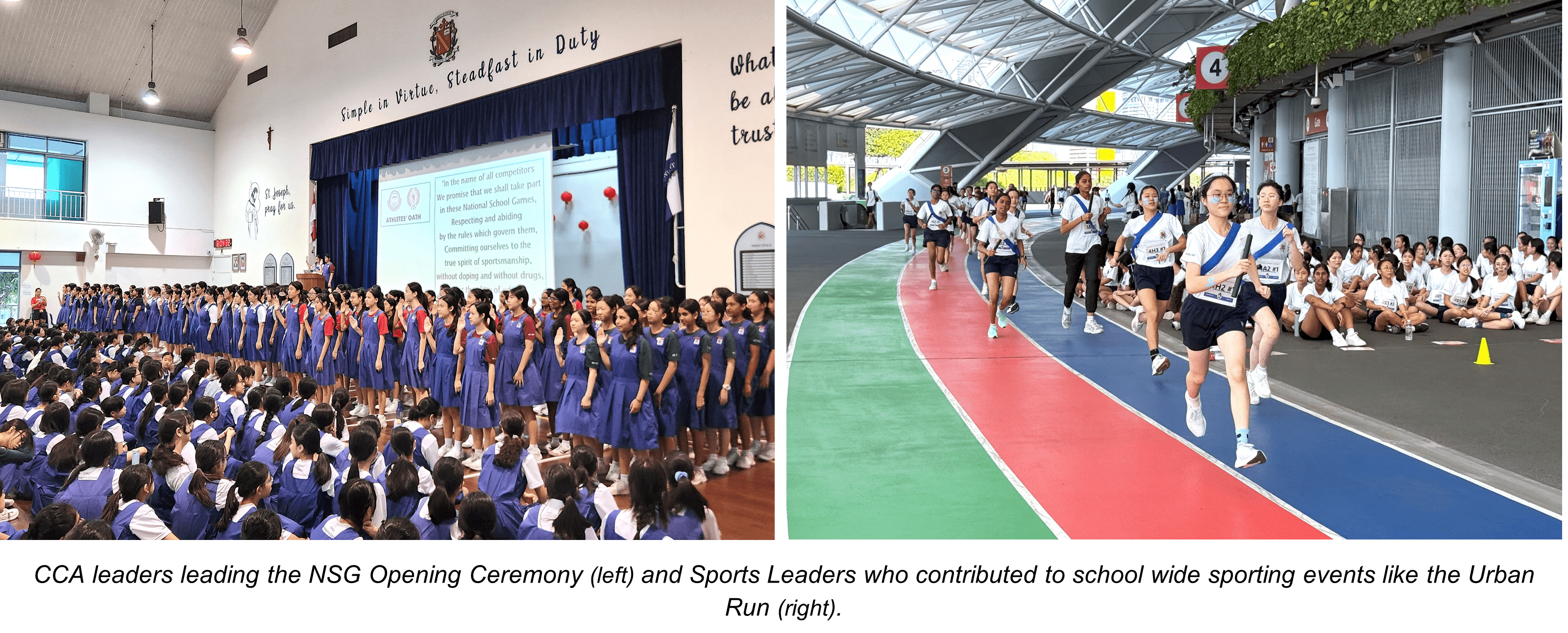 Students in blue uniforms stand at a school ceremony on the left; girls run on a colorful track on the right.