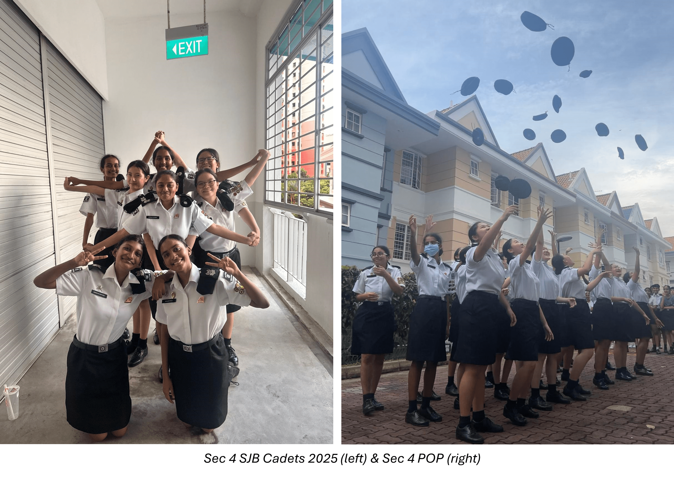 Female cadets in white uniforms pose indoors on left; on right, cadets toss dark caps into the sky outdoors.