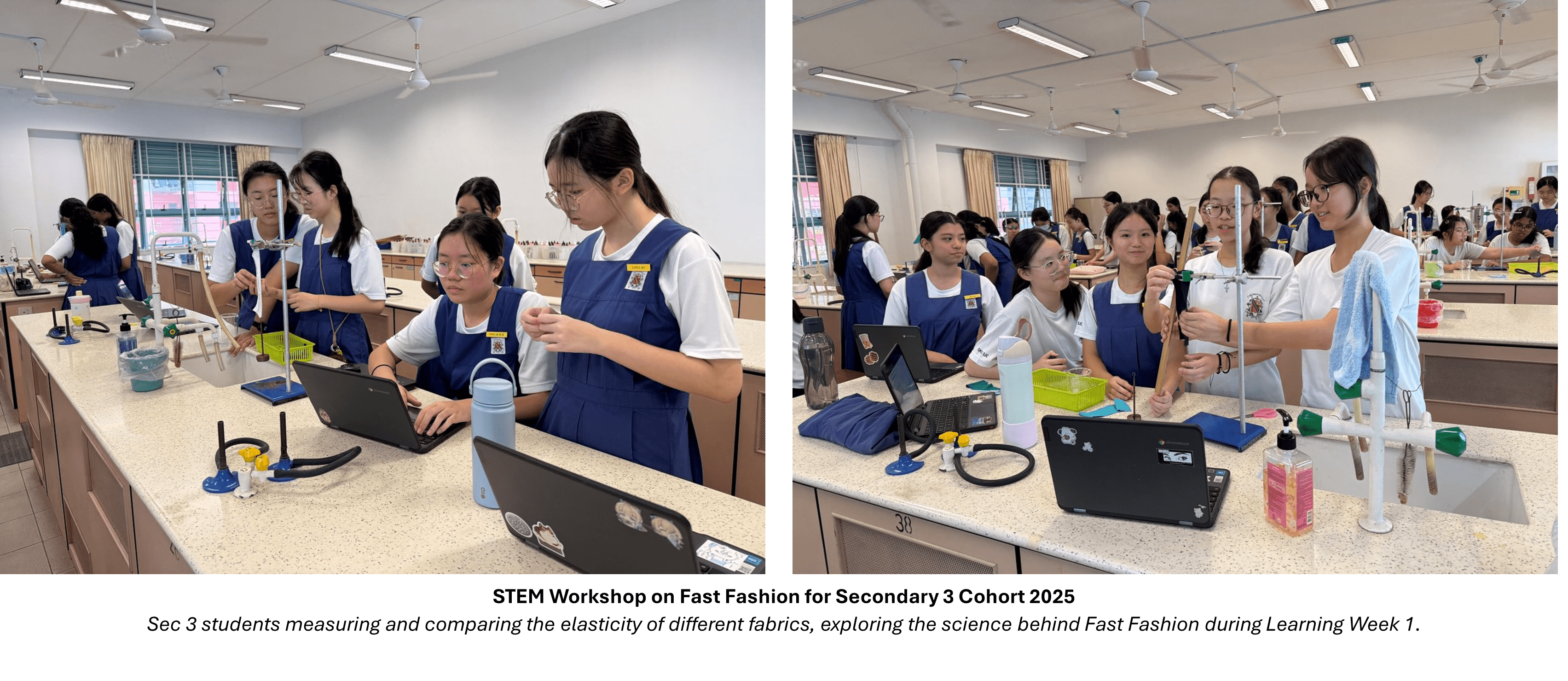 Students in blue uniforms conduct fabric elasticity experiments at lab benches with stands, laptops, and various materials.