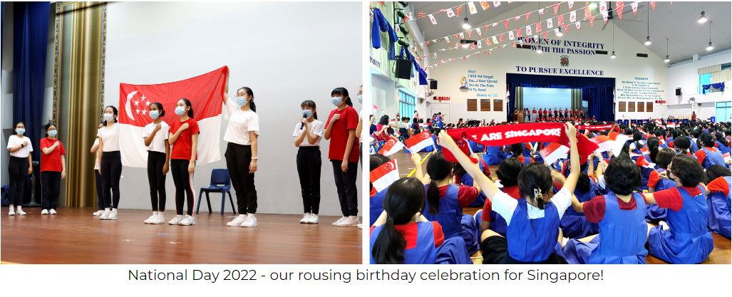 Students celebrate Singapore National Day 2022, holding flags and a banner reading "We Are Singapore" in a school hall.