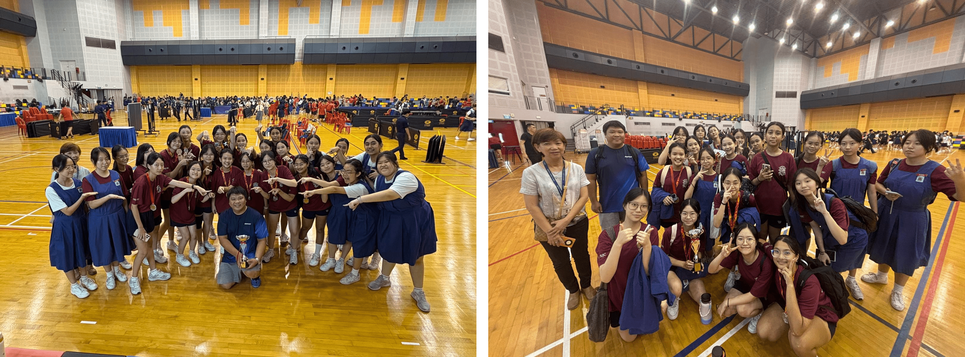 Two group photos of students in maroon and blue uniforms posing with trophies inside a large sports hall.