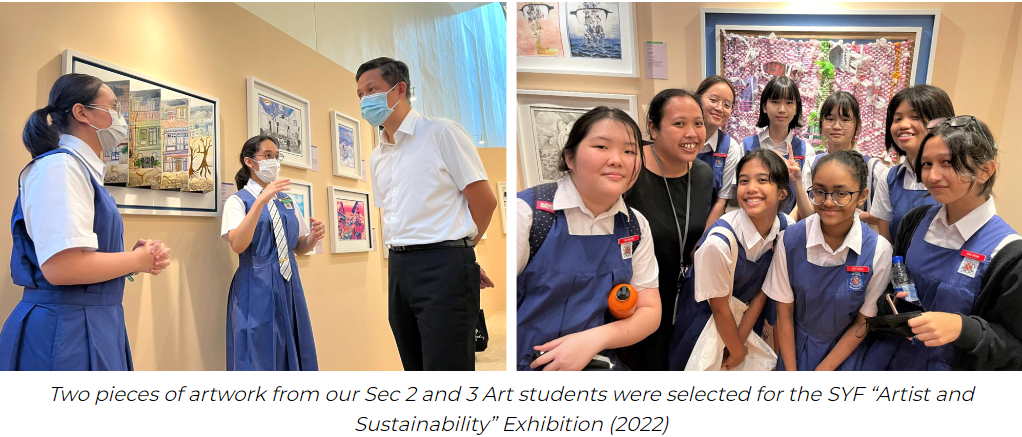 Students in blue uniforms view framed artwork on a wall, and a group poses smiling at an art exhibition.