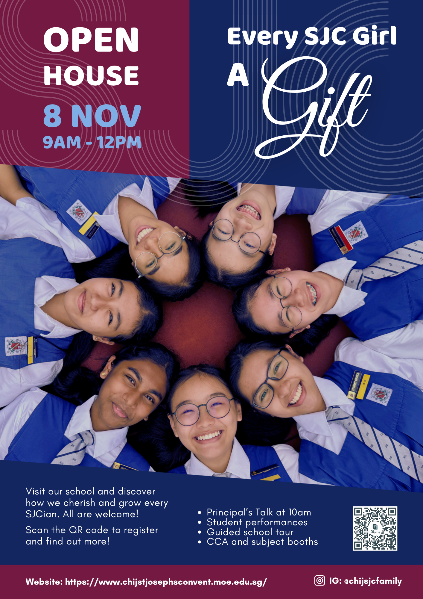 Seven smiling students in blue uniforms lie in a circle with heads together for an SJC Open House flyer on 8 Nov.