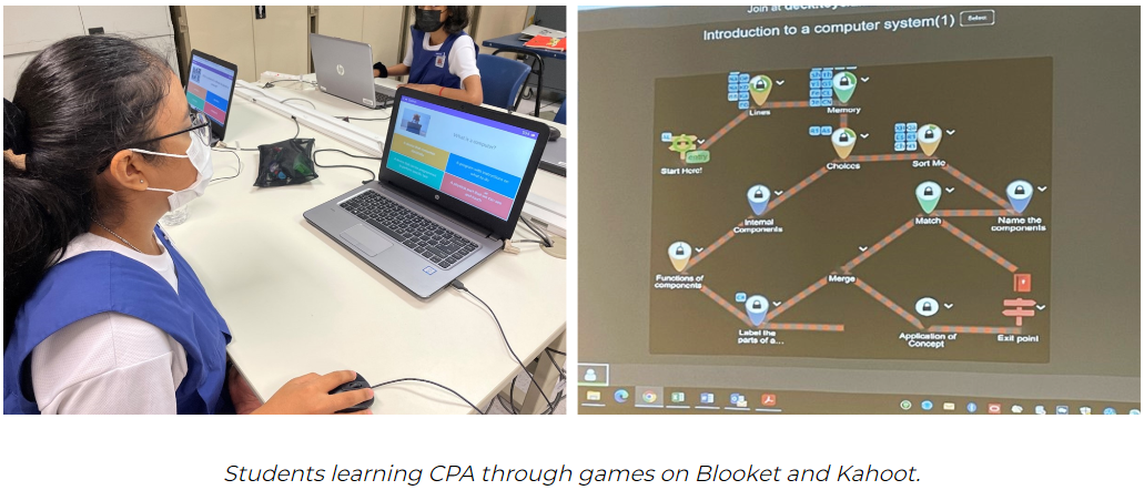 A masked student uses a laptop, beside a screen showing a computer system learning flowchart with labeled nodes.