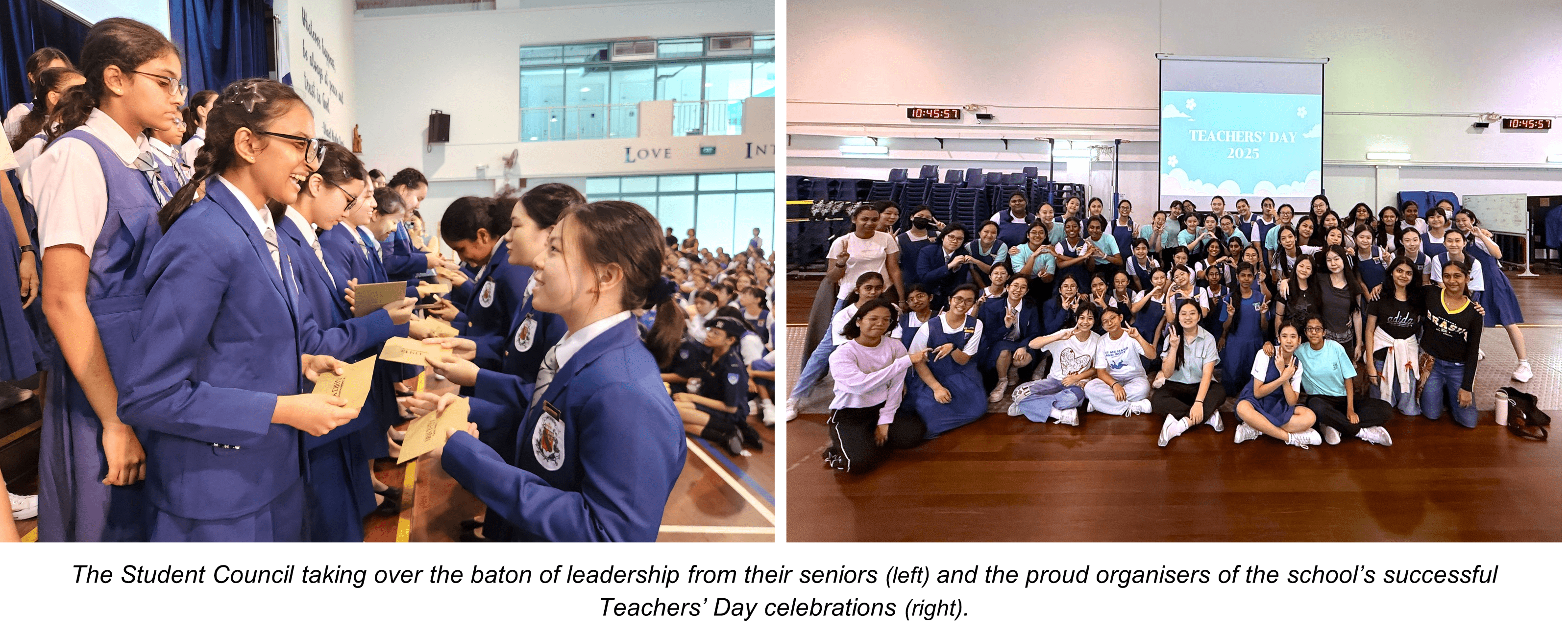 Students in blue uniforms exchange envelopes in a hall; a large group poses in front of a Teachers' Day 2025 screen.