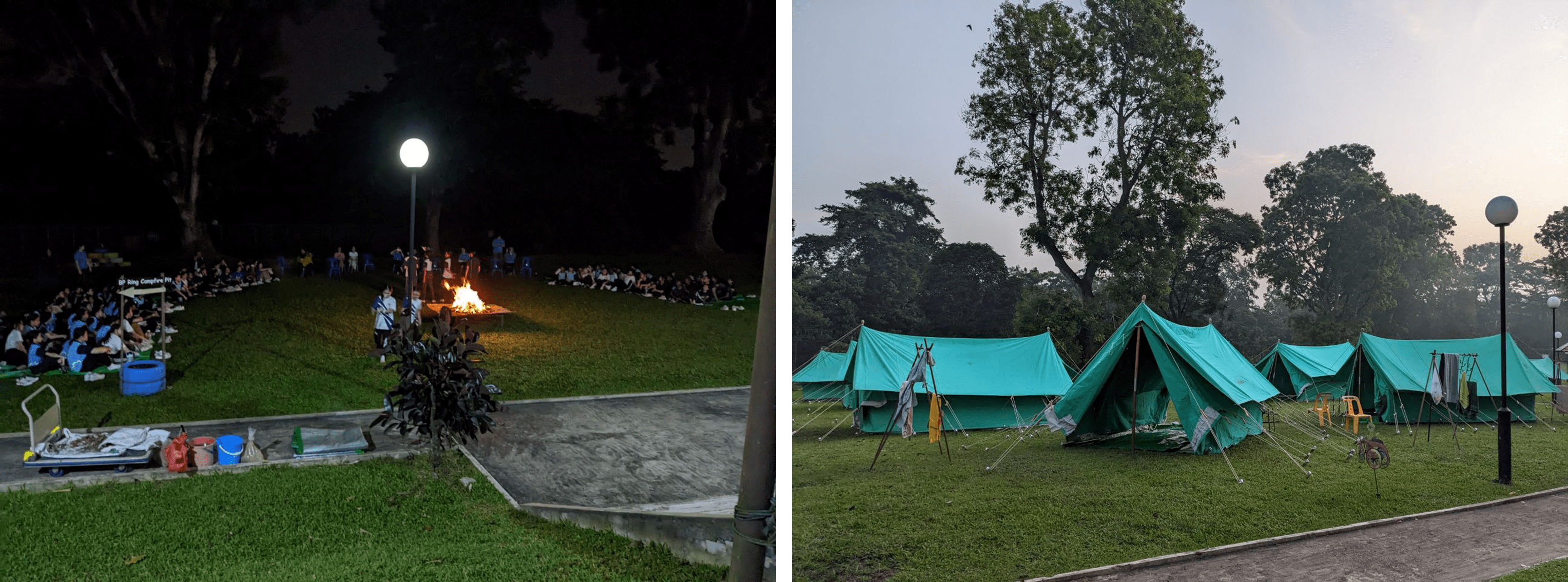 Two photos: a nighttime campfire gathering with people seated in a circle, and green tents pitched on grass at dusk.