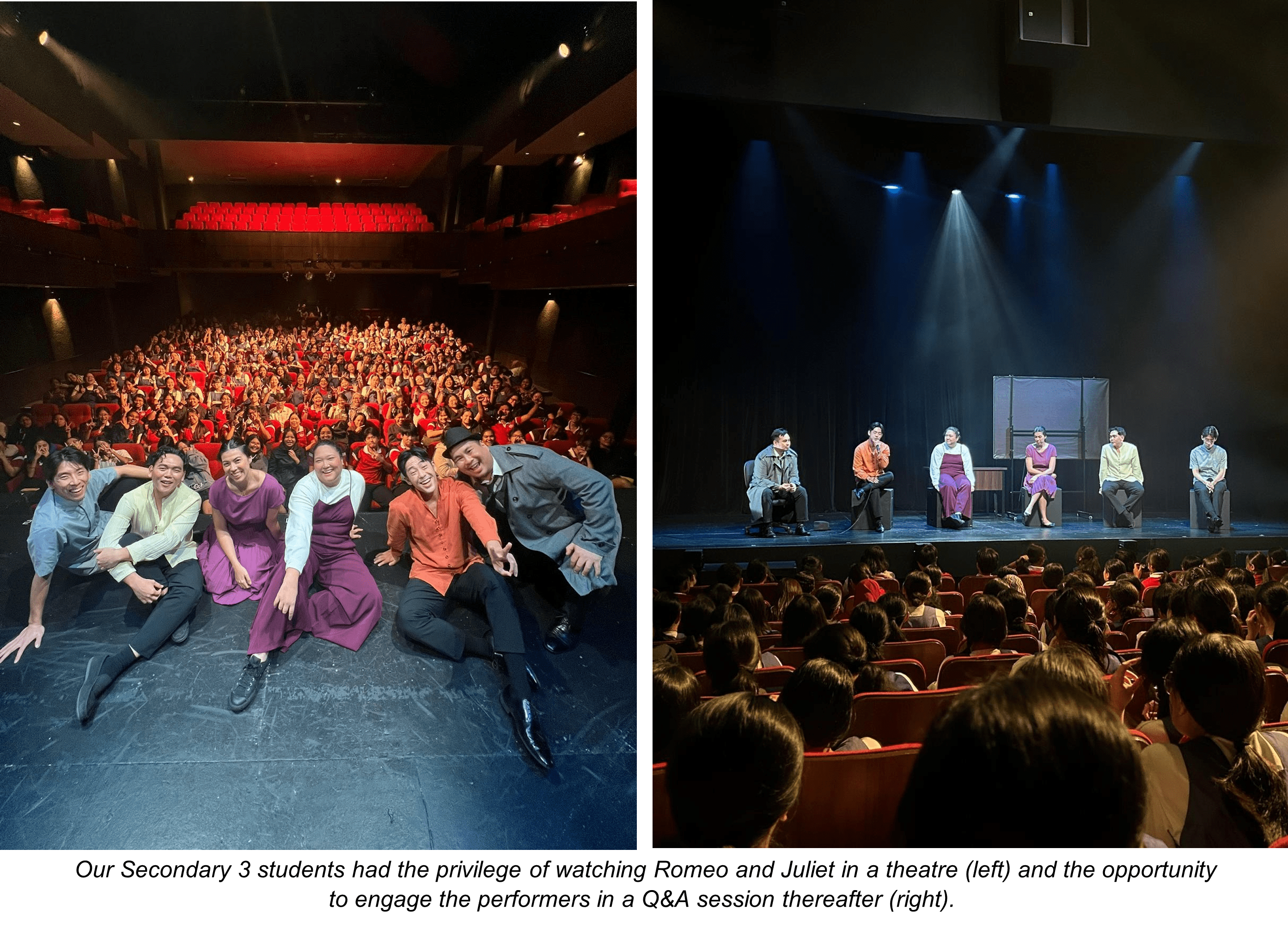 Six performers pose on stage with a full audience, and a Q&A session with cast seated under spotlights.
