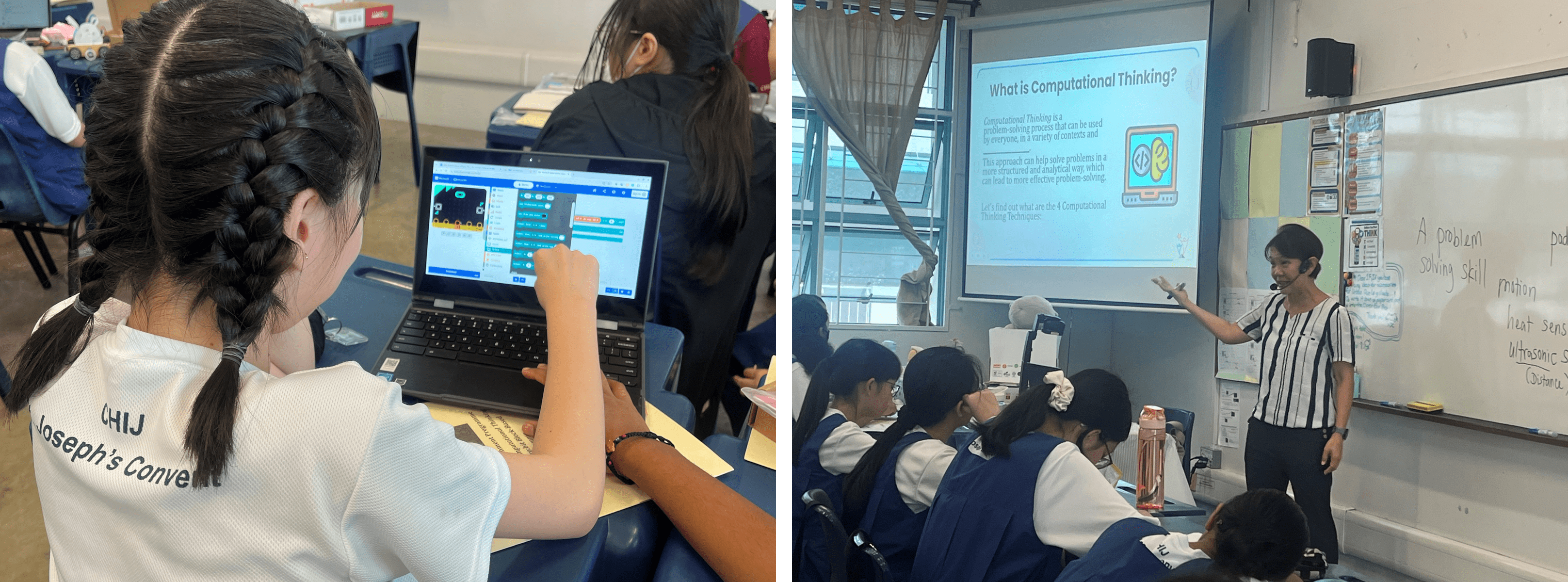A student uses a laptop for coding while a teacher presents a "What is Computational Thinking?" slide to a classroom.