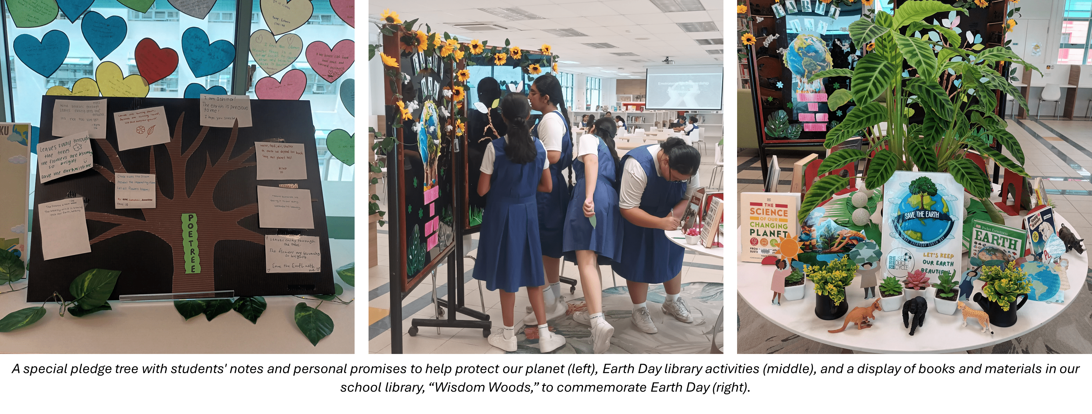 Three school Earth Day displays: a pledge tree with notes, students viewing activity boards, and a table with books and plants.