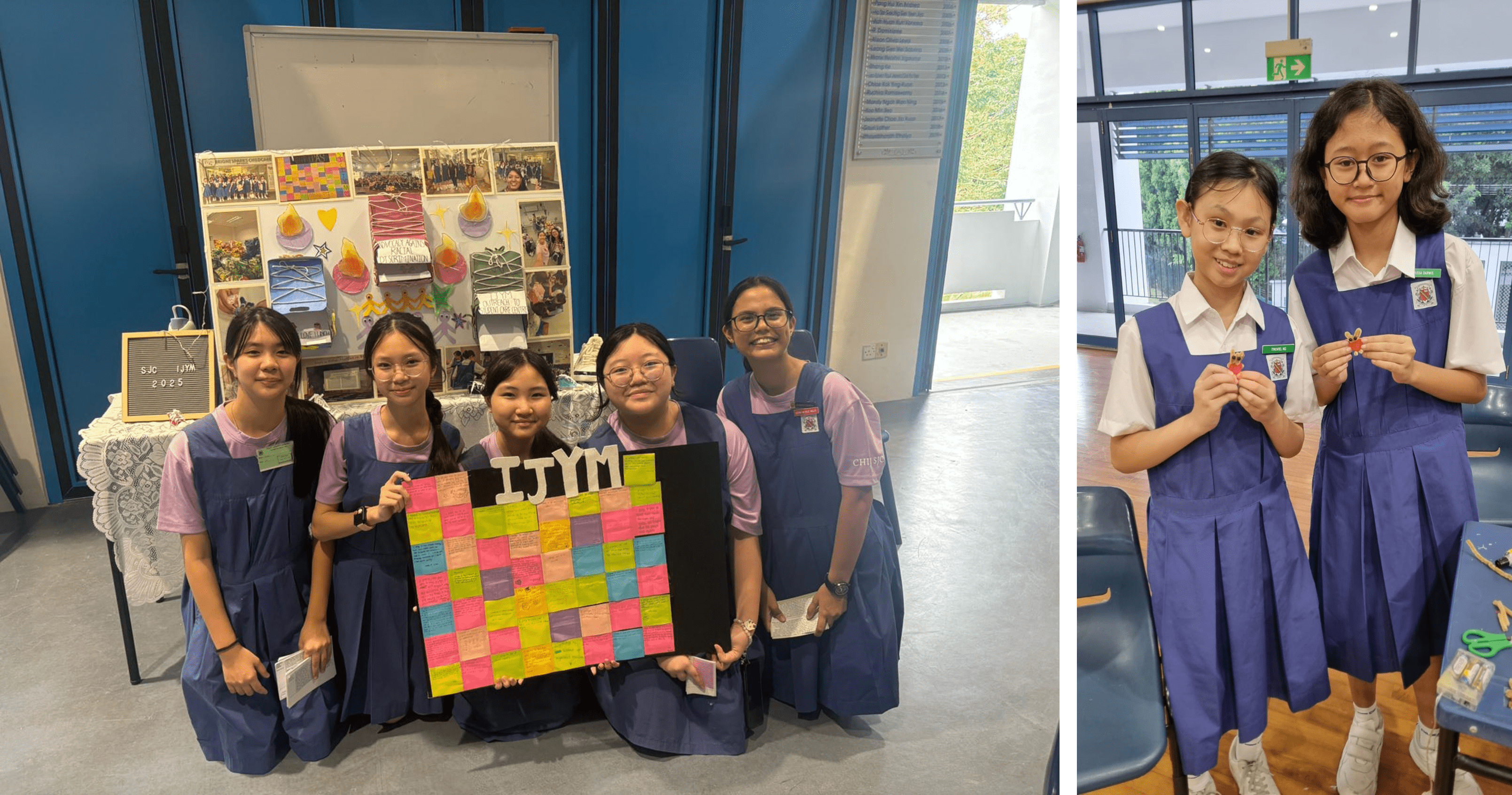 Five schoolgirls in blue uniforms hold a colorful sticky note board labeled IJYM, while two others pose holding small crafts.